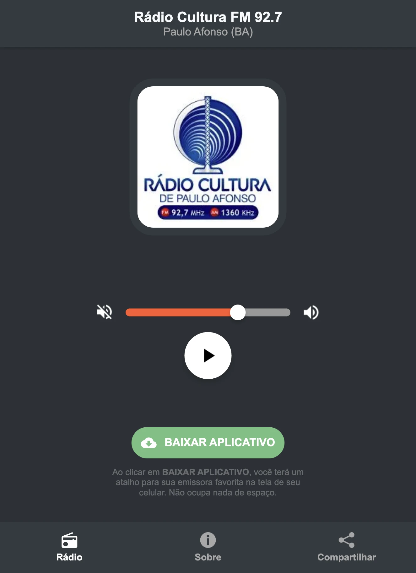Screenshot do aplicativo da Rádio Cultura FM 92.7
