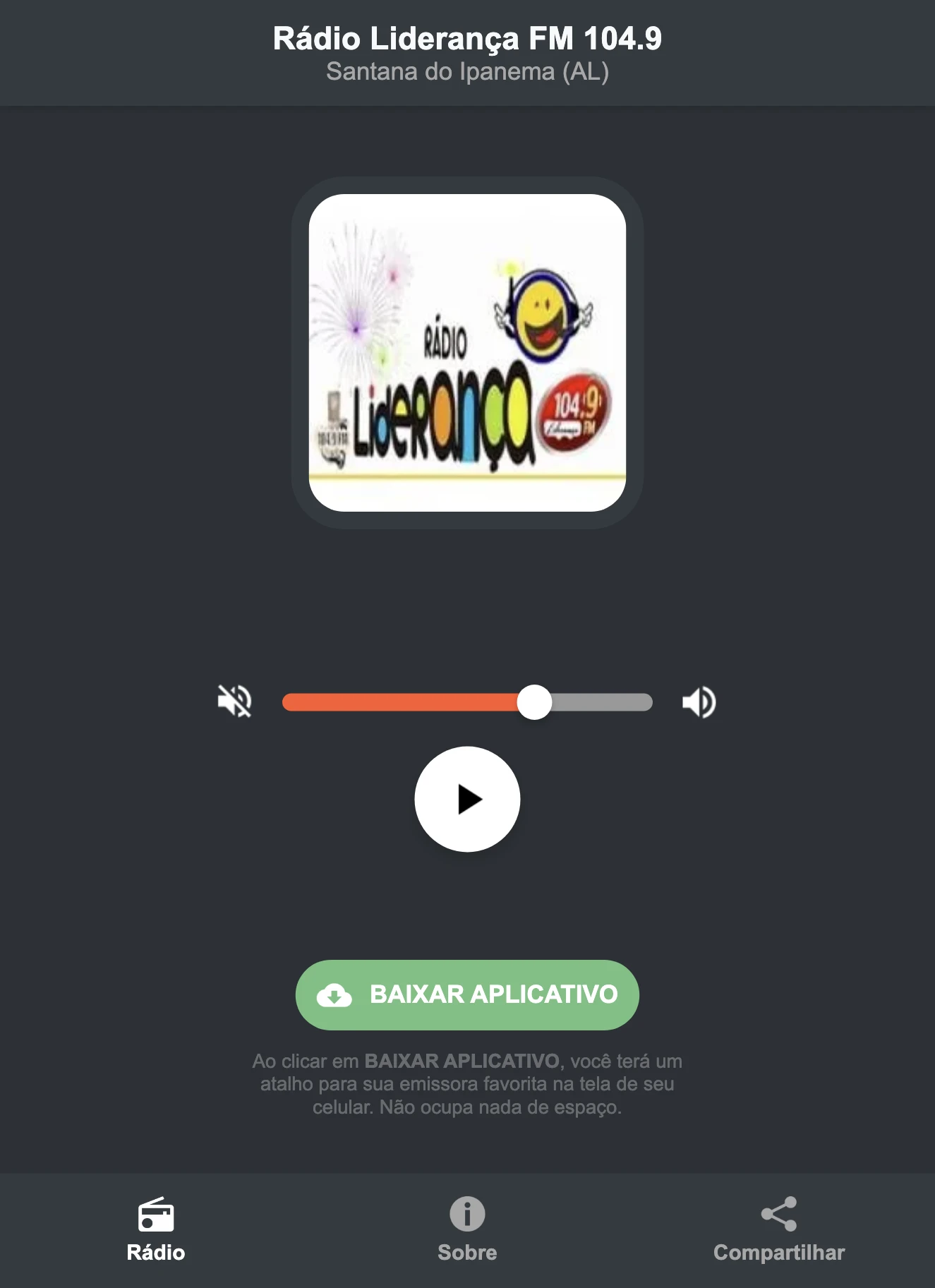 Screenshot do aplicativo da Rádio Liderança FM 104.9