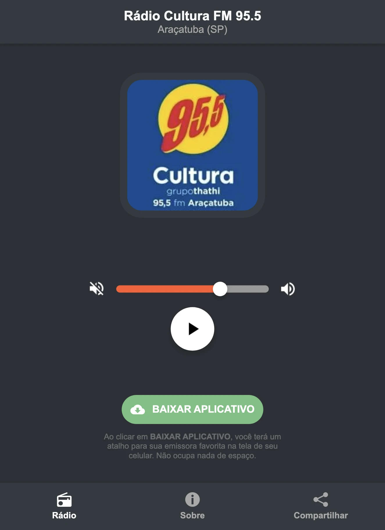 Screenshot do aplicativo da Rádio Cultura FM 95.5