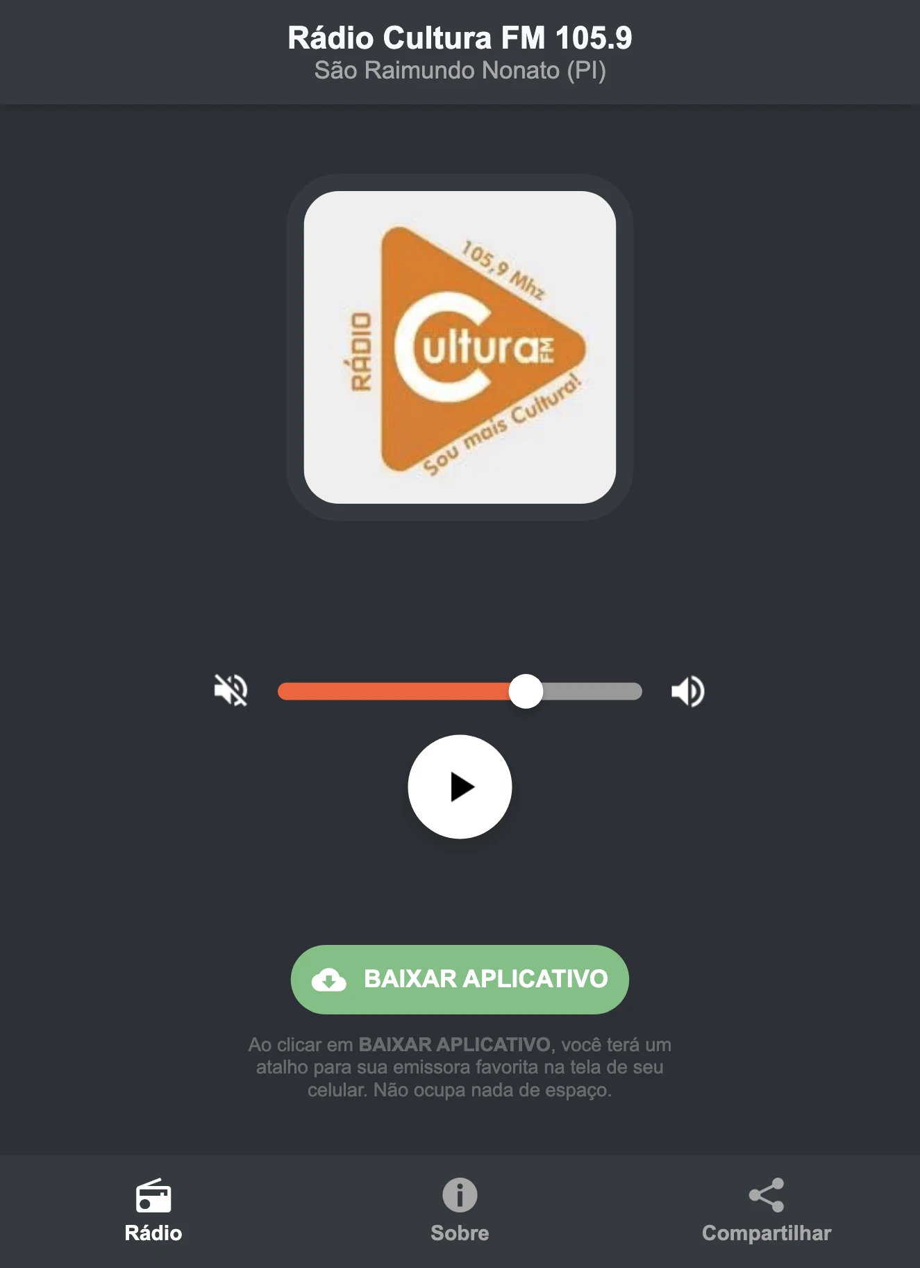 Screenshot do aplicativo da Rádio Cultura FM 105.9