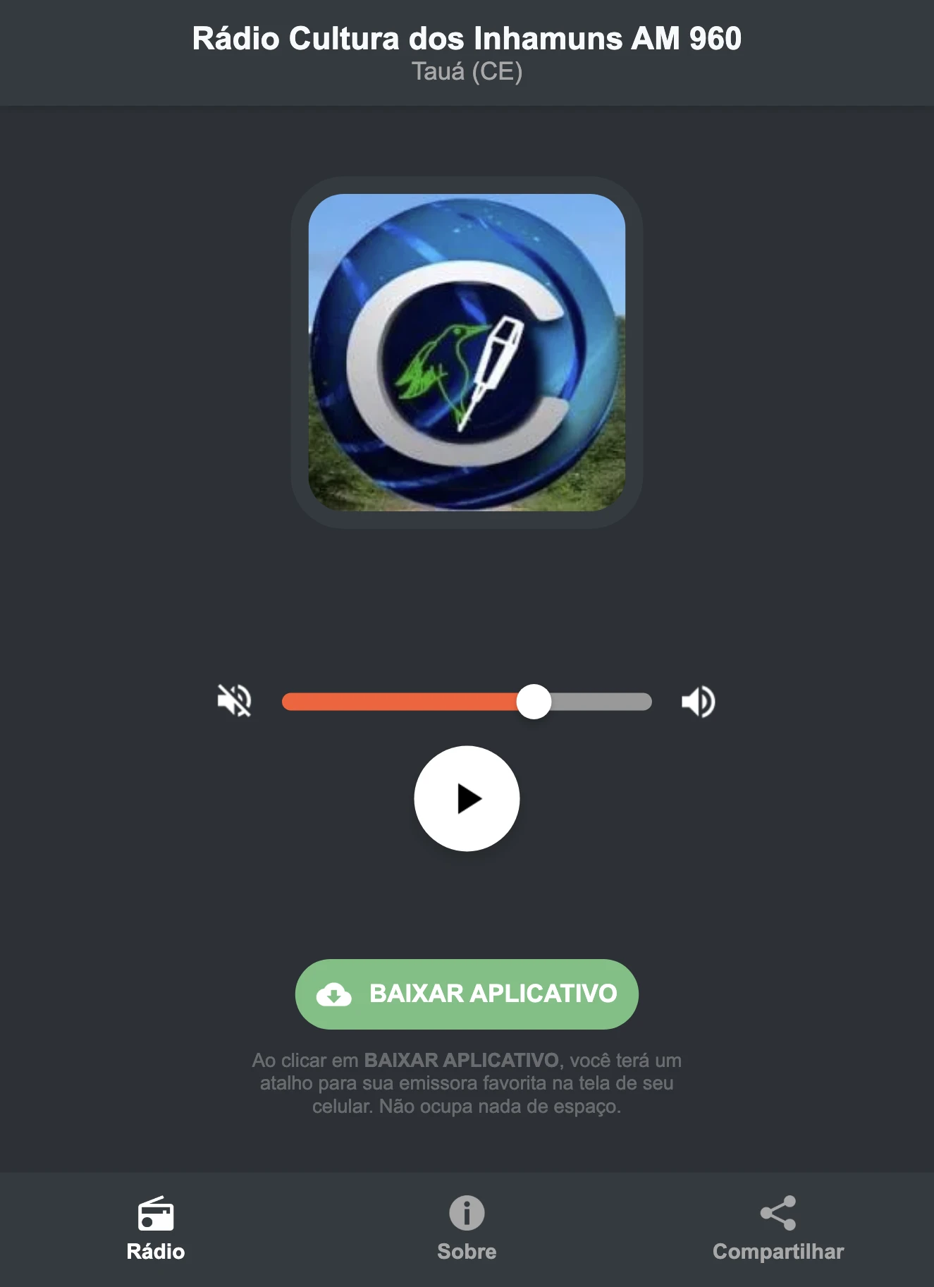 Screenshot do aplicativo da Rádio Cultura dos Inhamuns AM 960