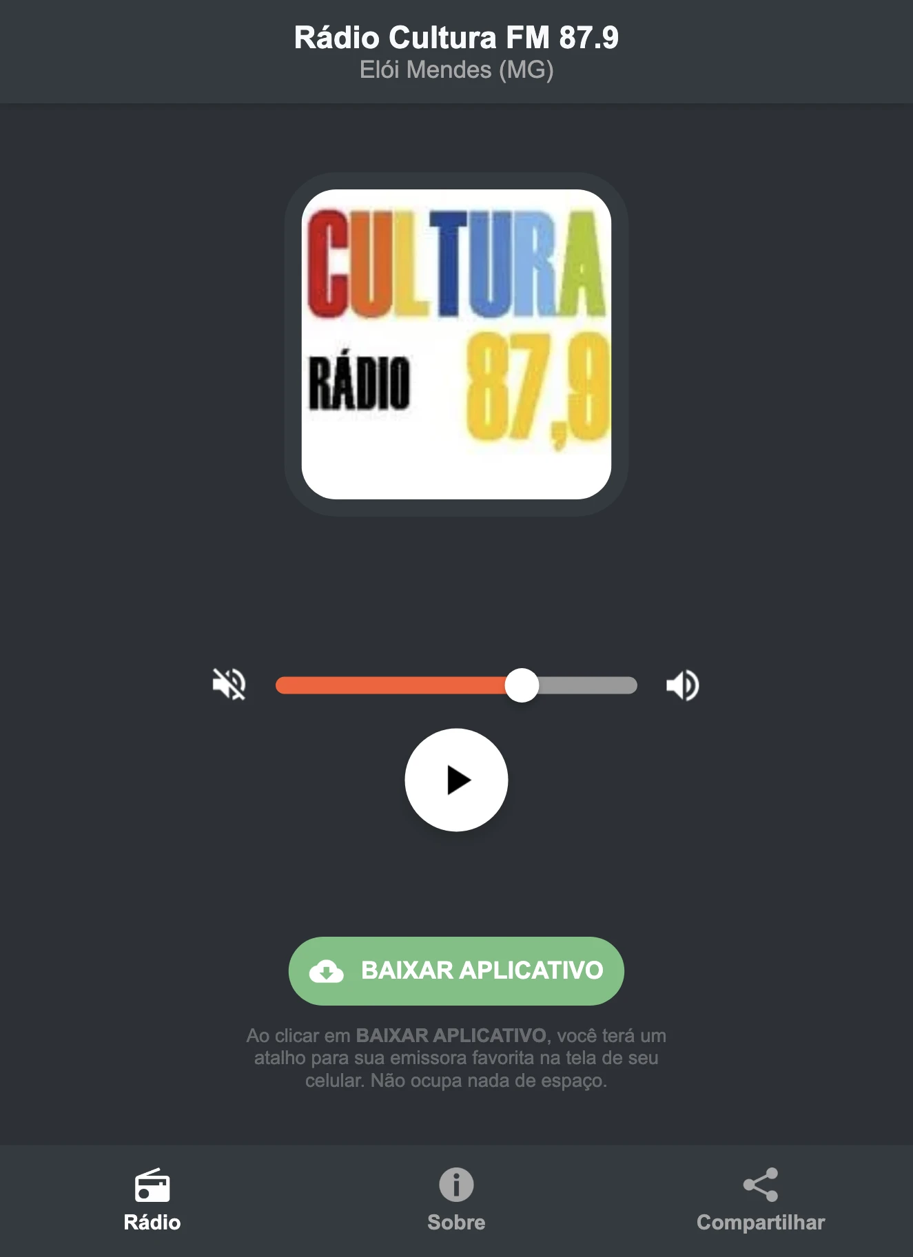 Screenshot do aplicativo da Rádio Cultura FM 87.9