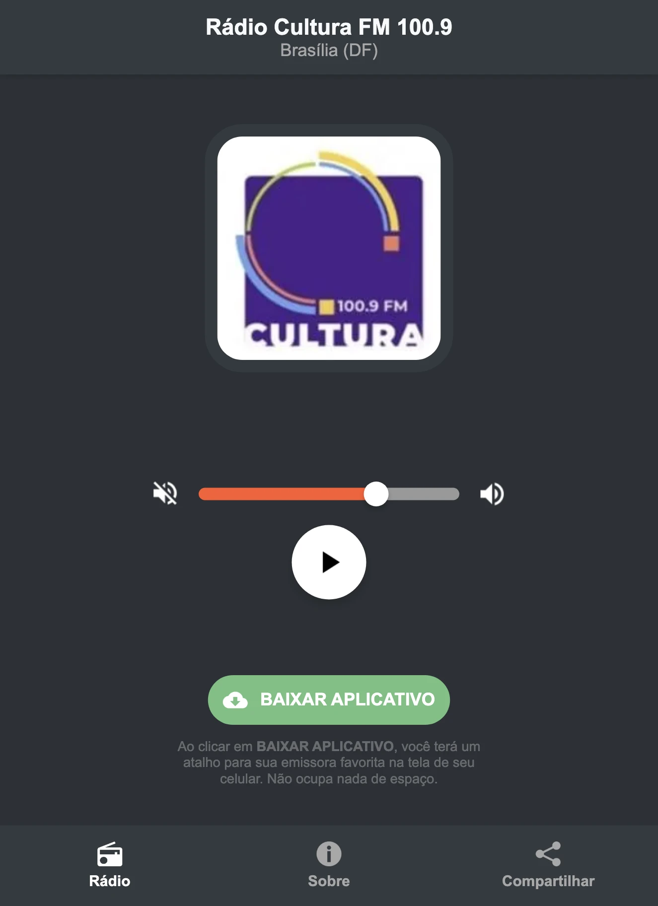 Screenshot do aplicativo da Rádio Cultura FM 100.9