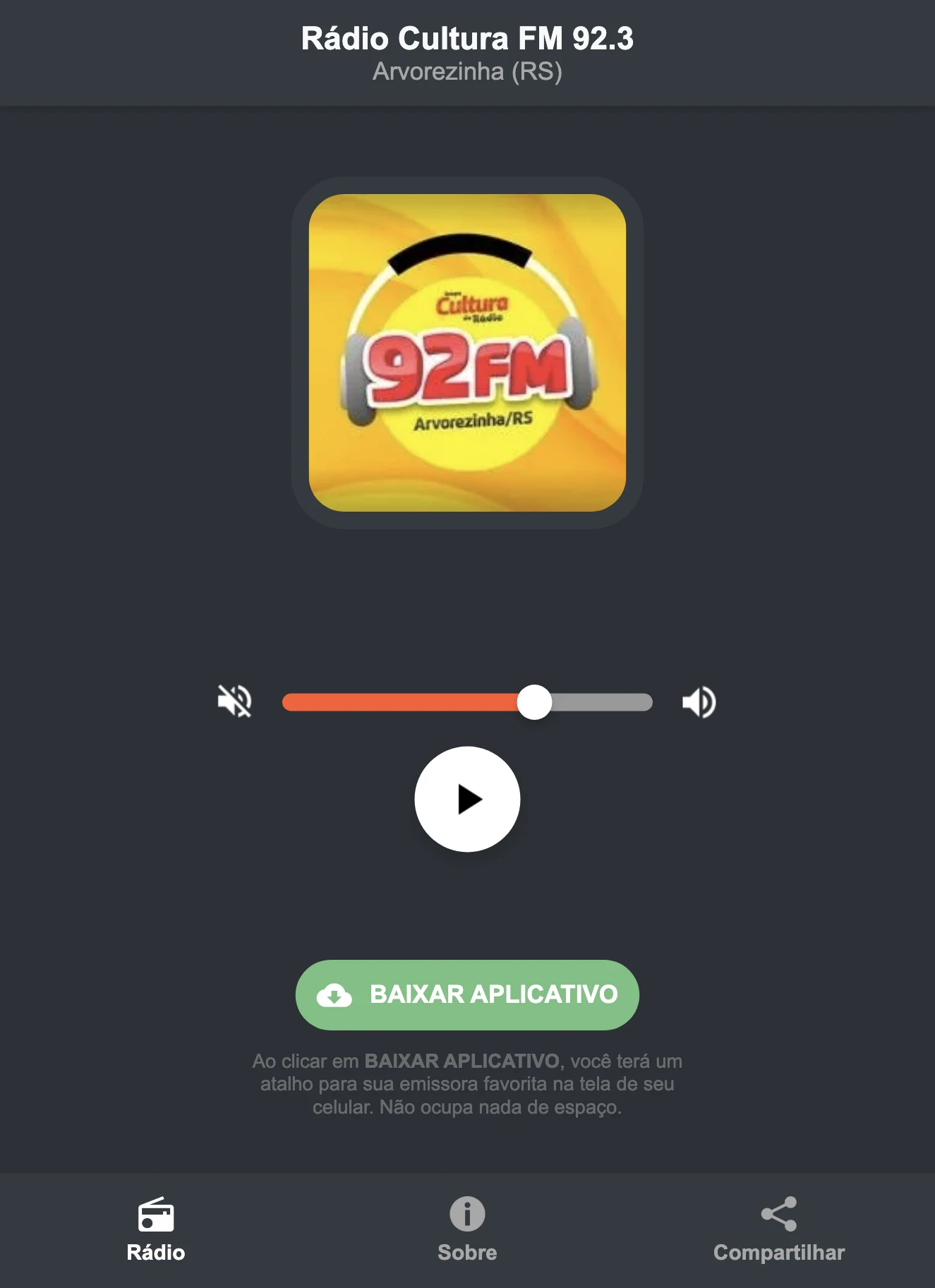 Screenshot do aplicativo da Rádio Cultura FM 92.3