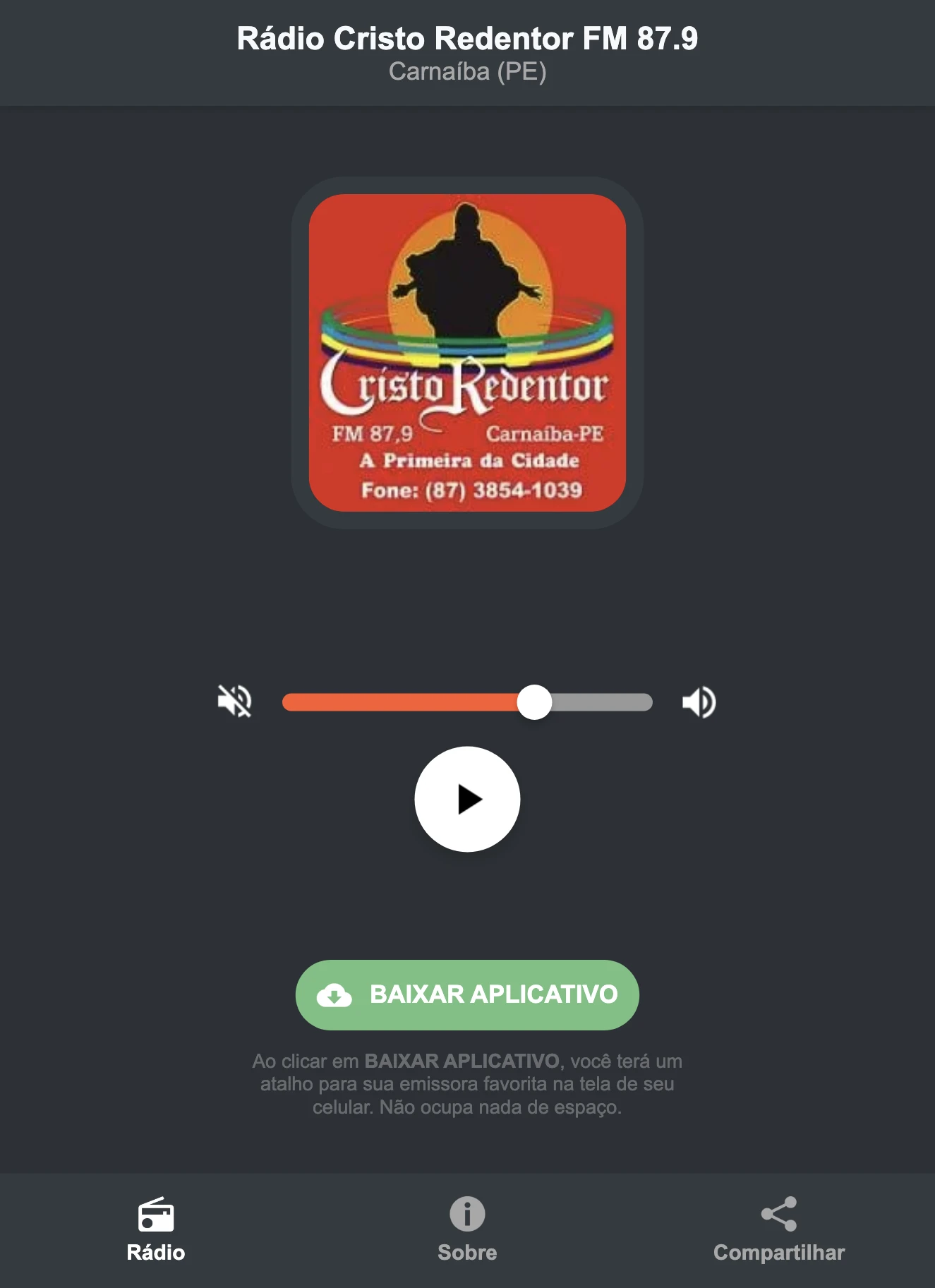 Screenshot do aplicativo da Rádio Cristo Redentor FM 87.9
