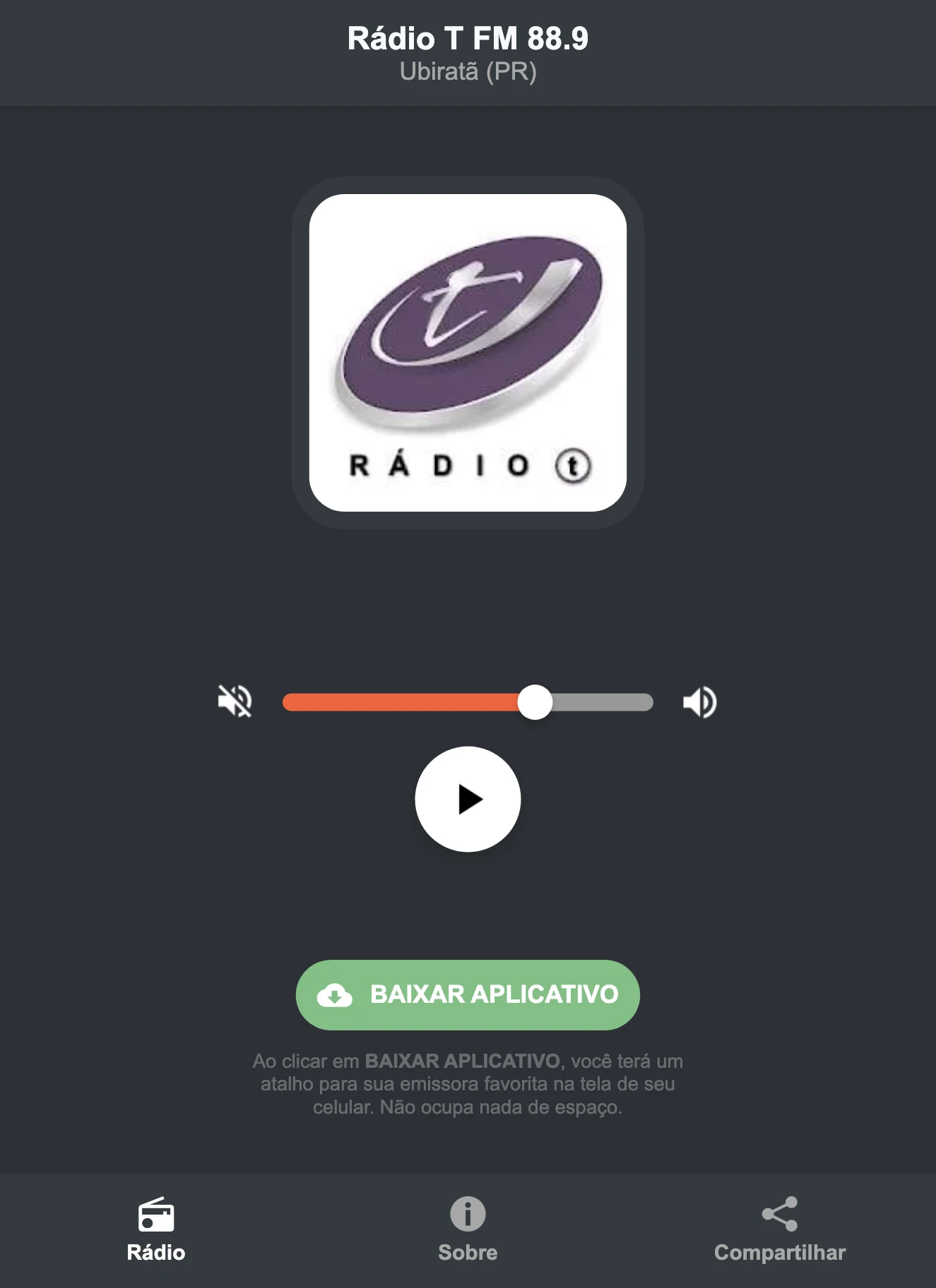 Screenshot do aplicativo da Rádio T FM 88.9