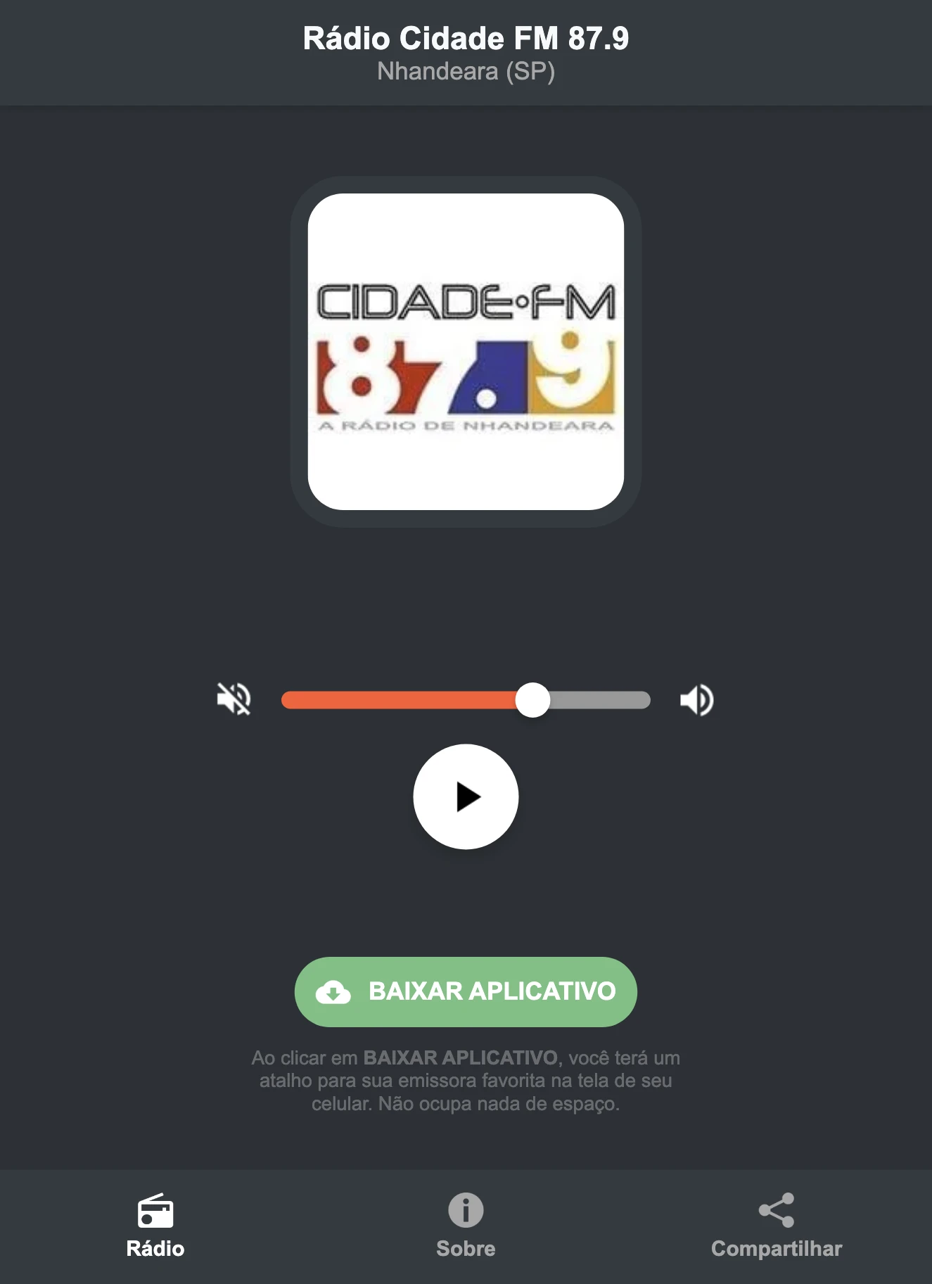 Screenshot do aplicativo da Rádio Cidade FM 87.9