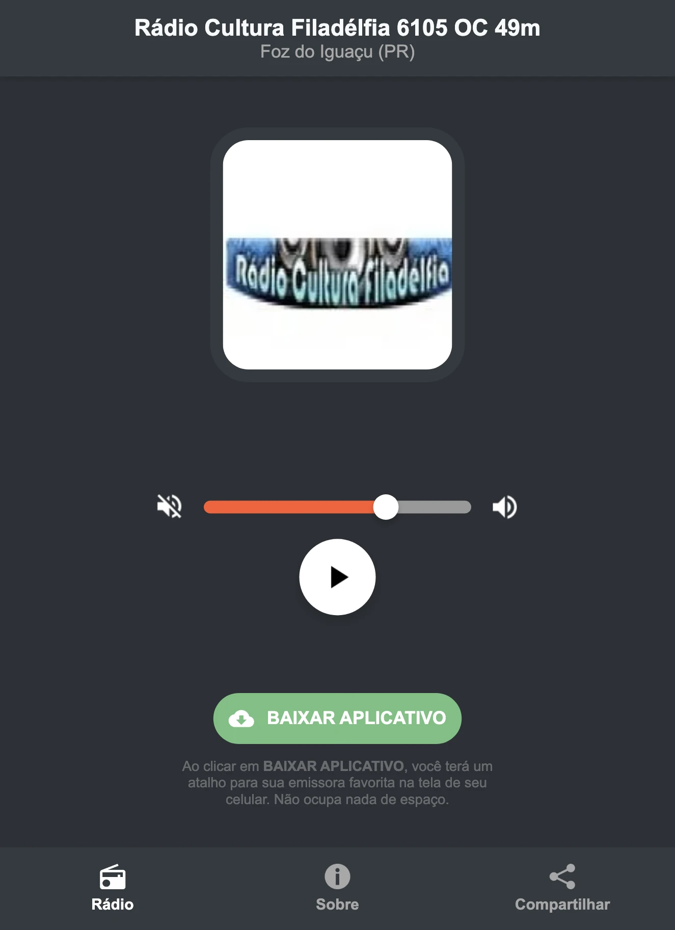Screenshot do aplicativo da Rádio Cultura Filadélfia 6105 OC 49m