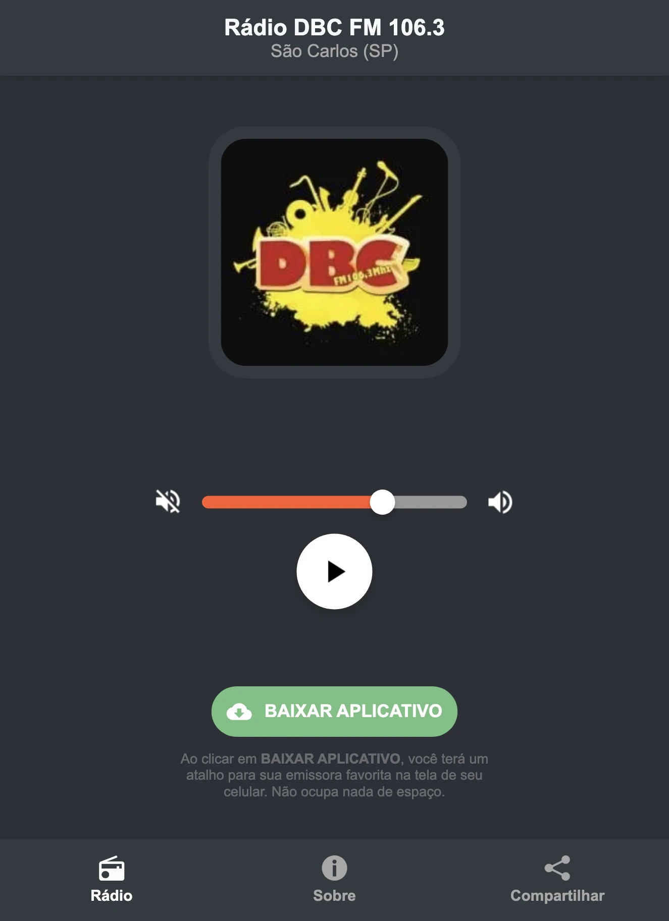 Screenshot do aplicativo da Rádio DBC FM 106.3