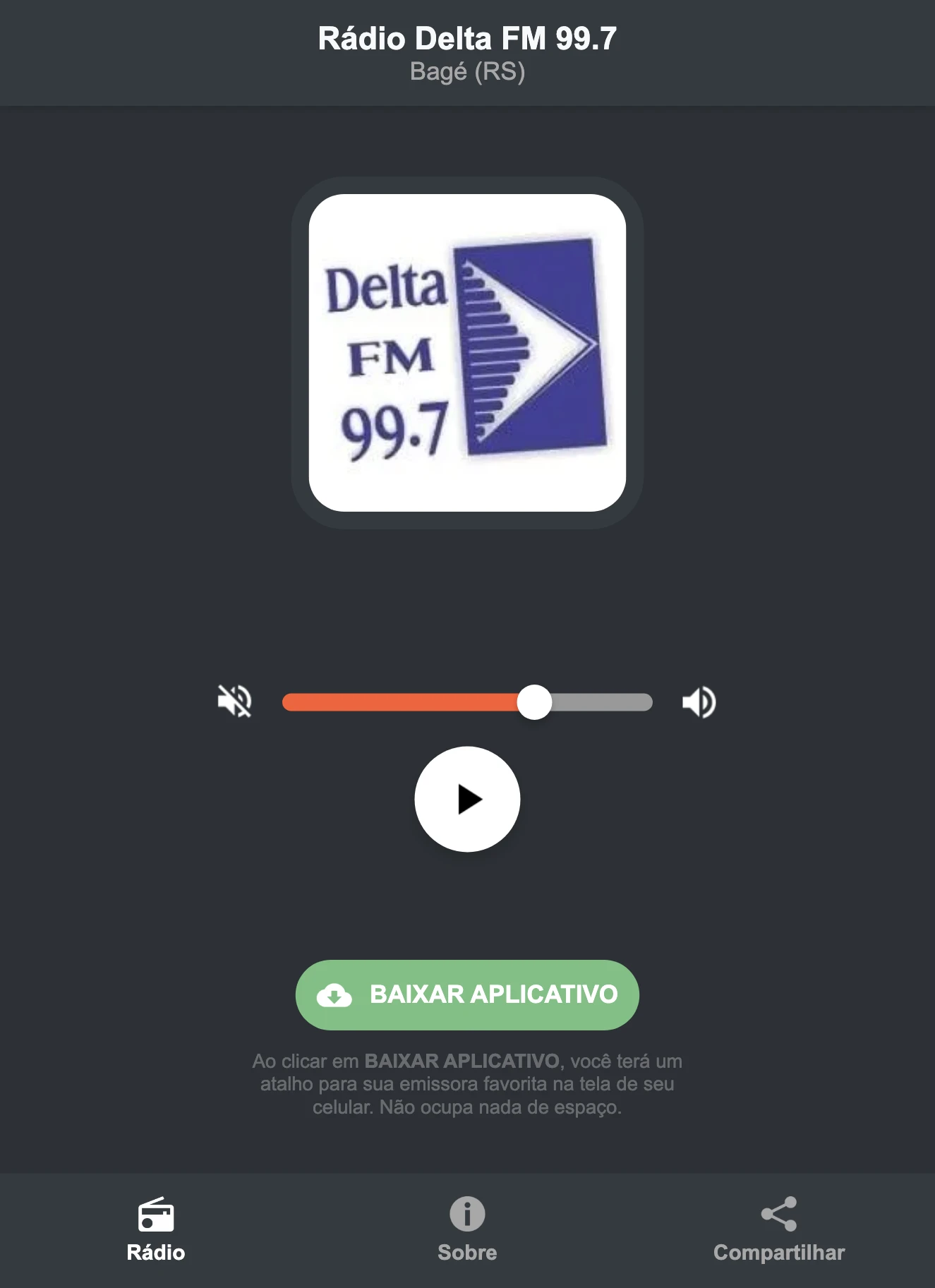 Screenshot do aplicativo da Rádio Delta FM 99.7