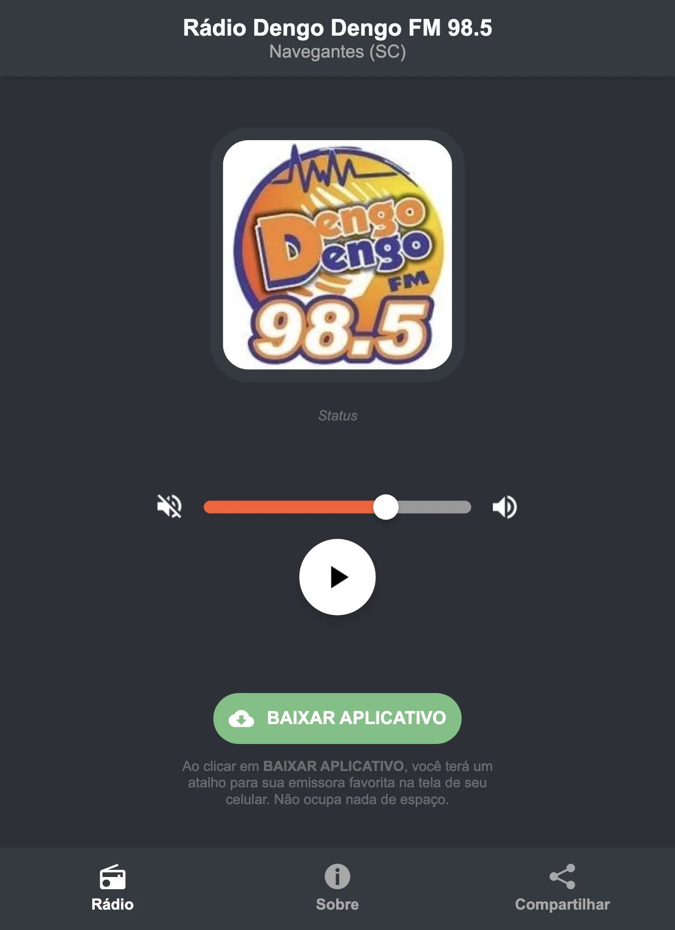 Screenshot do aplicativo da Rádio Dengo Dengo FM 98.5