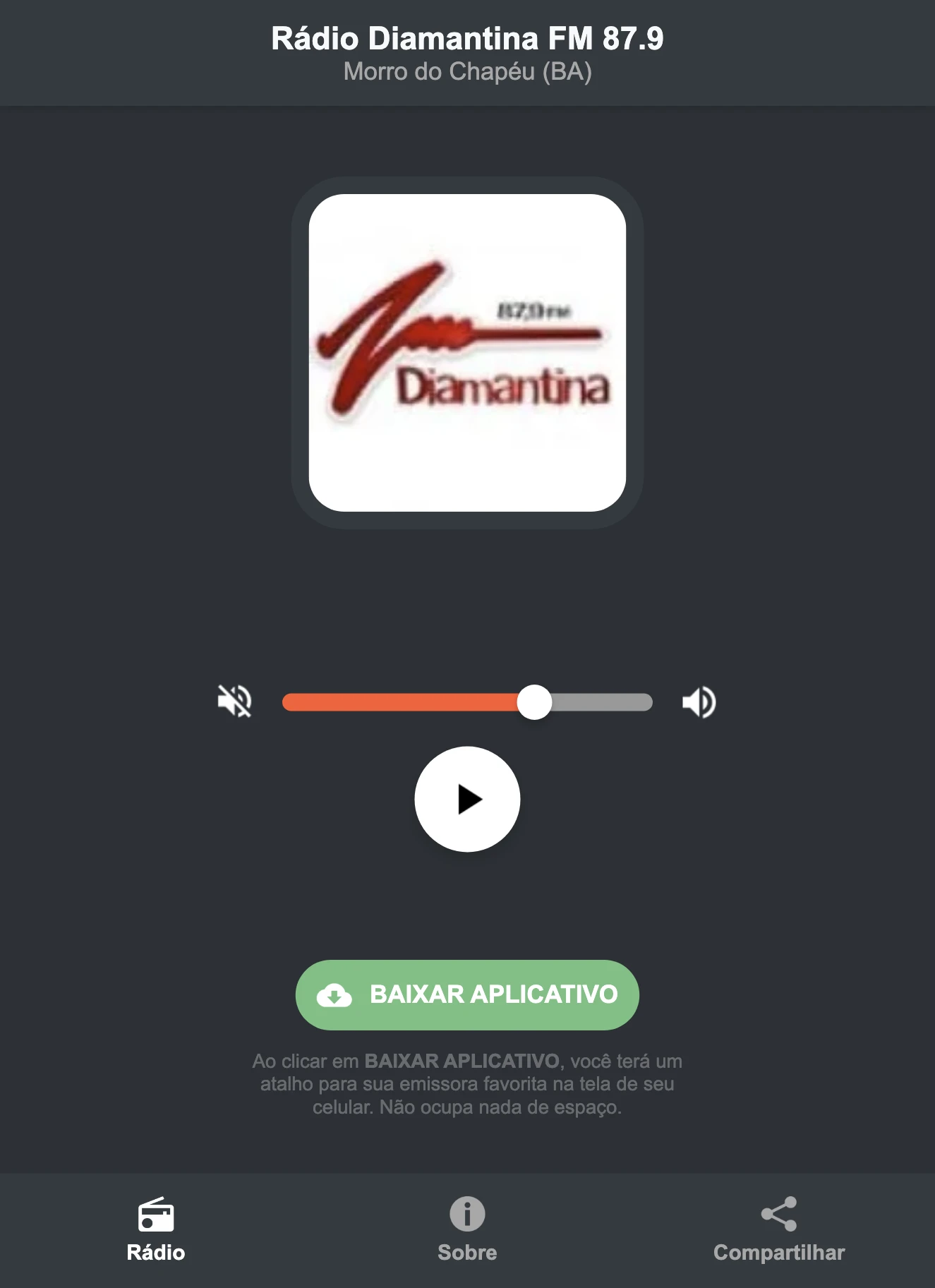 Screenshot do aplicativo da Rádio Diamantina FM 87.9