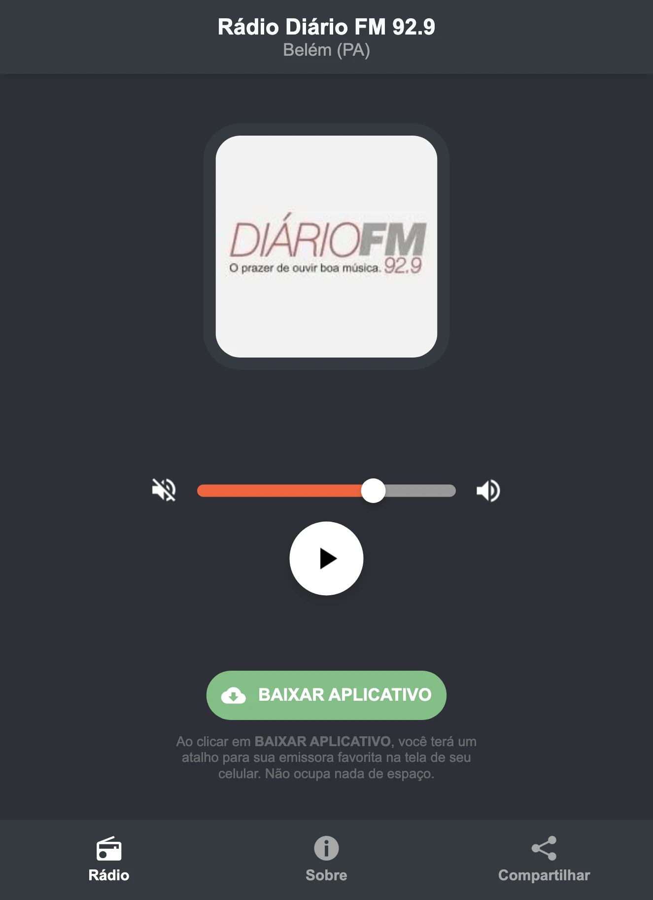 Screenshot do aplicativo da Rádio Diário FM 92.9