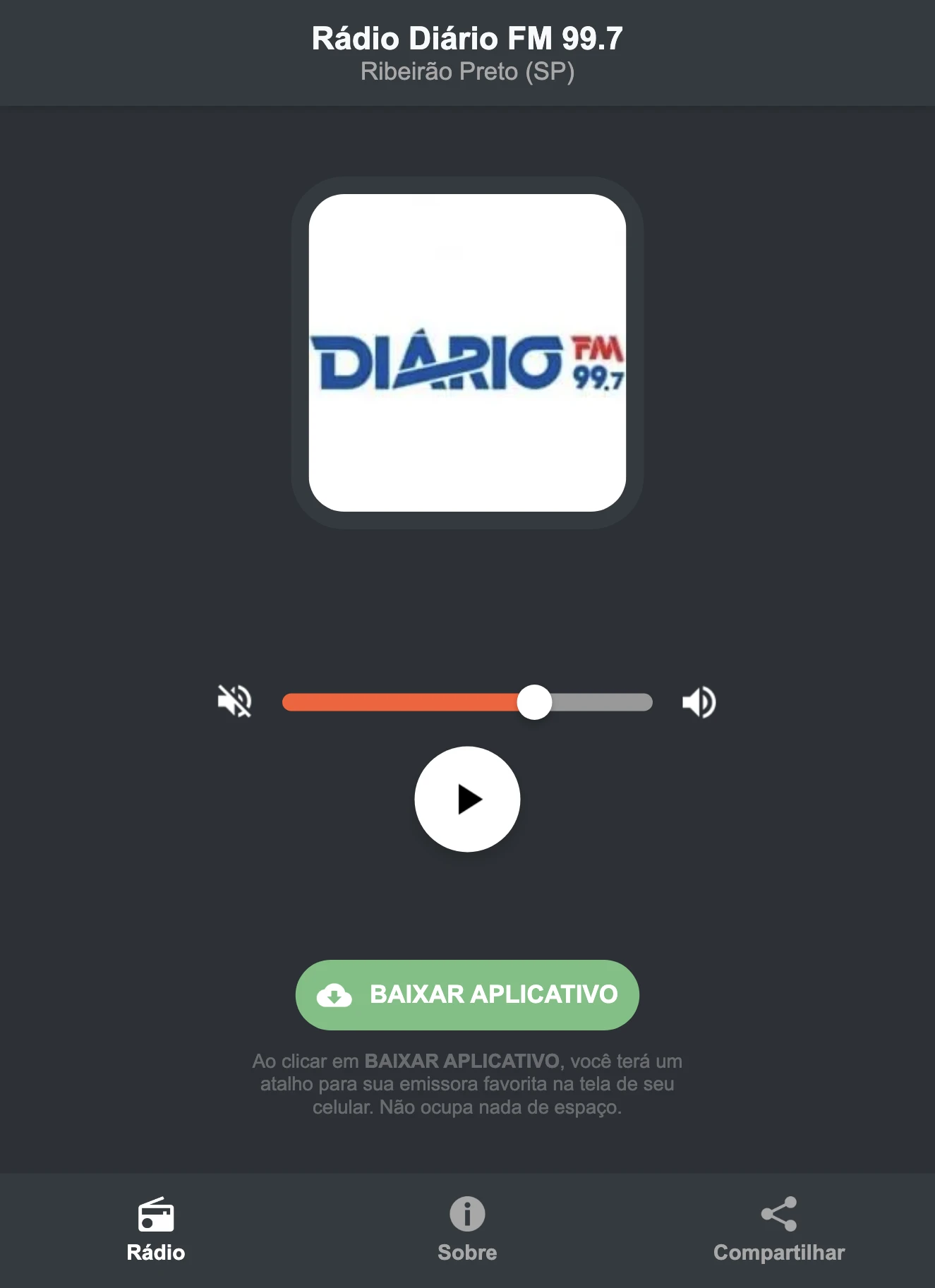 Screenshot do aplicativo da Rádio Diário FM 99.7