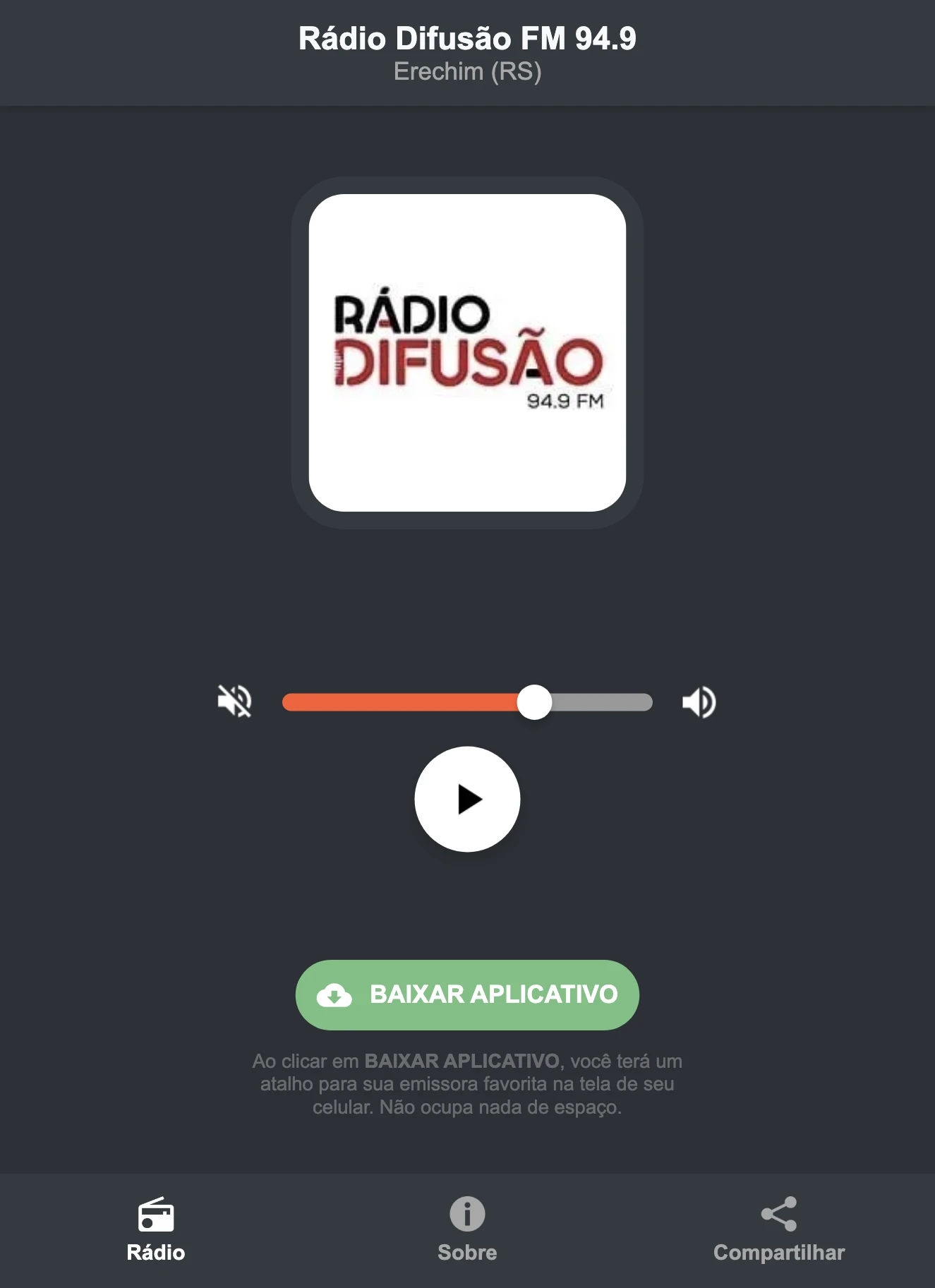 Screenshot do aplicativo da Rádio Difusão FM 94.9