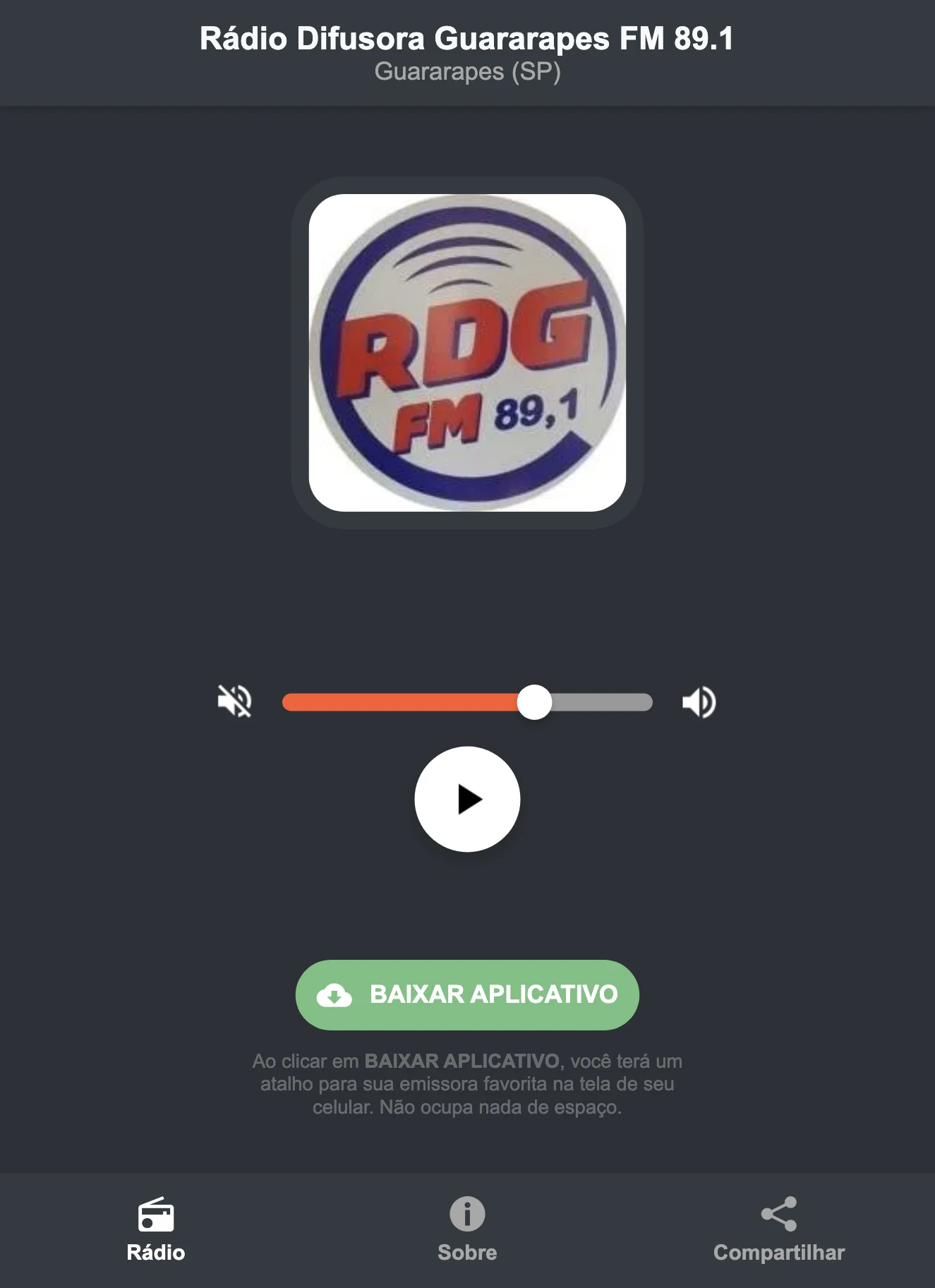 Screenshot do aplicativo da Rádio Difusora Guararapes FM 89.1