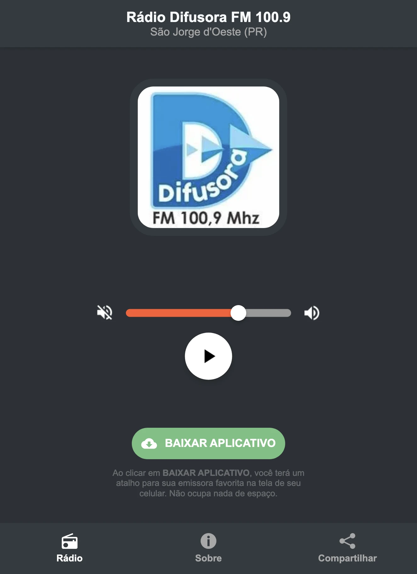 Screenshot do aplicativo da Rádio Difusora FM 100.9