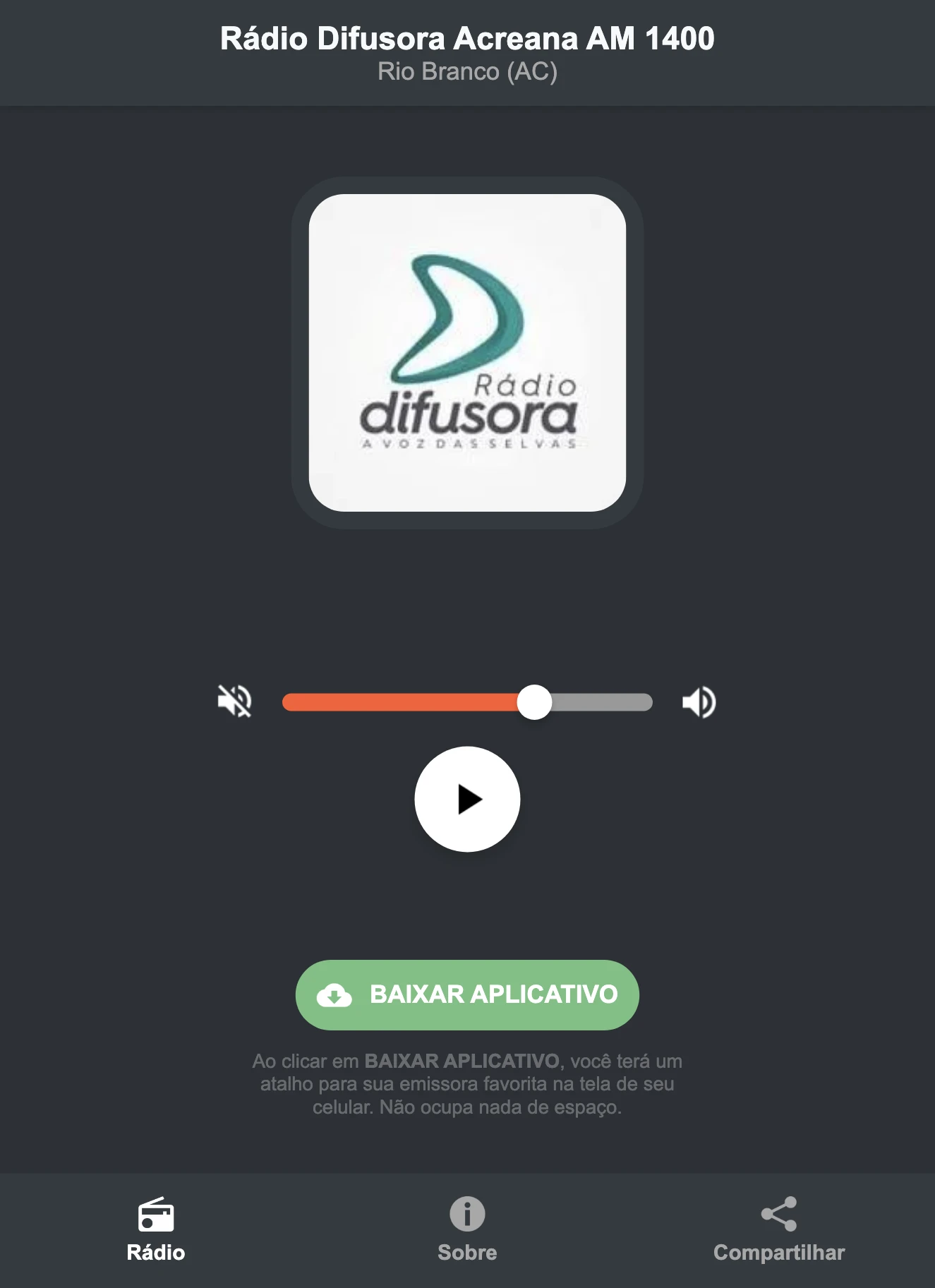 Screenshot do aplicativo da Rádio Difusora Acreana AM 1400