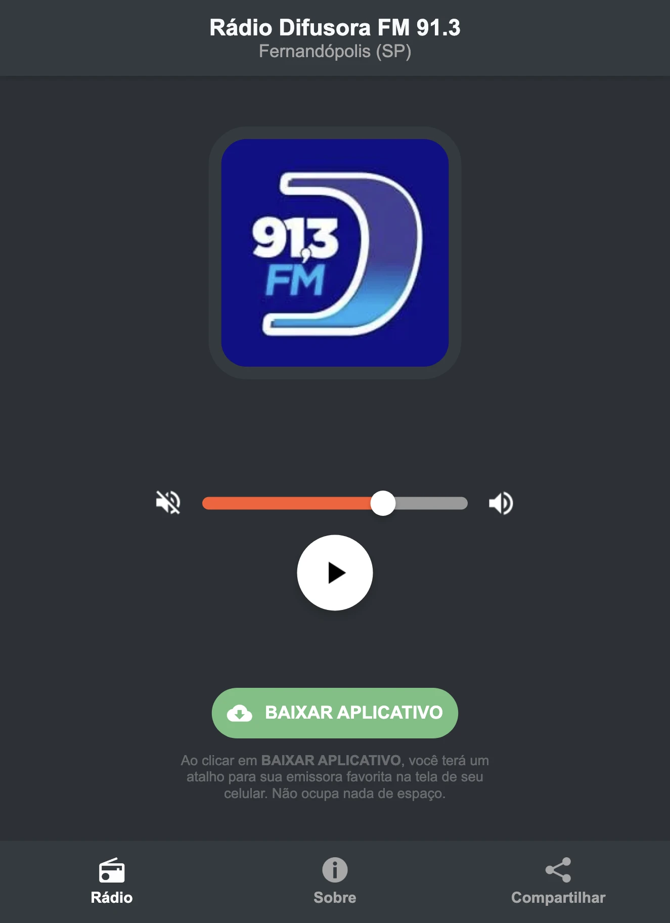 Screenshot do aplicativo da Rádio Difusora FM 91.3
