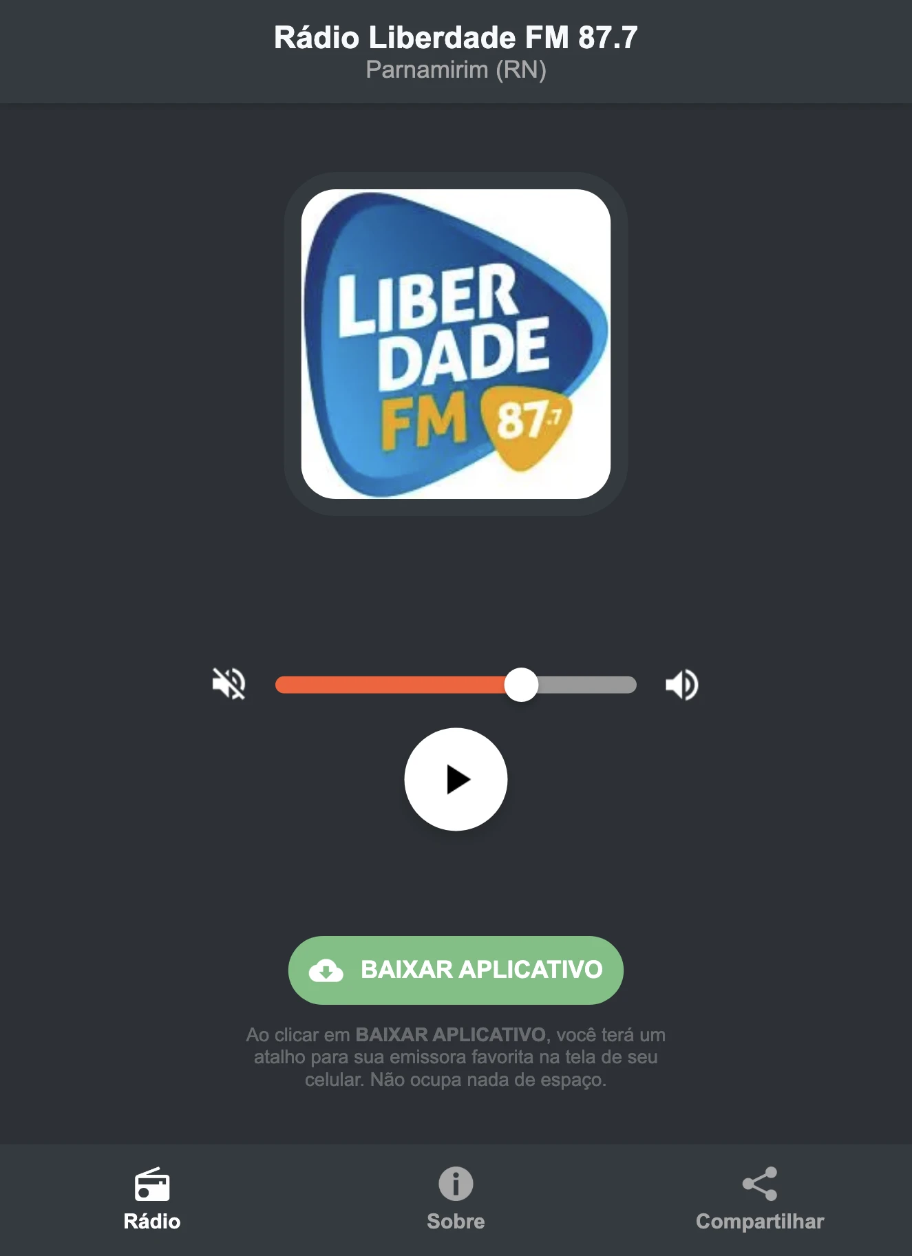 Screenshot do aplicativo da Rádio Liberdade FM 87.7