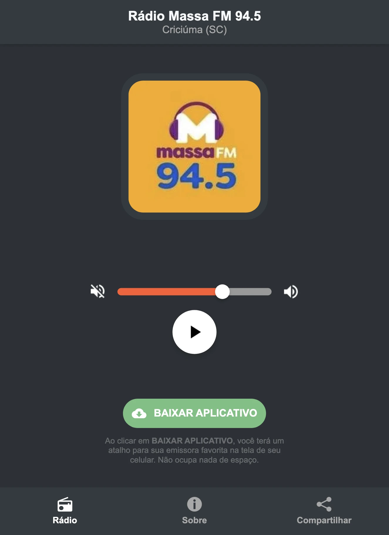 Screenshot do aplicativo da Rádio Massa FM 94.5