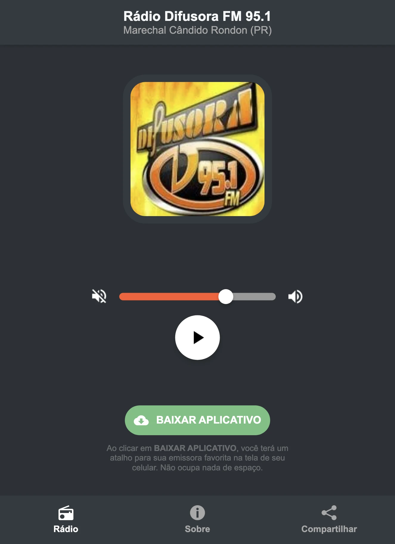 Screenshot do aplicativo da Rádio Difusora FM 95.1