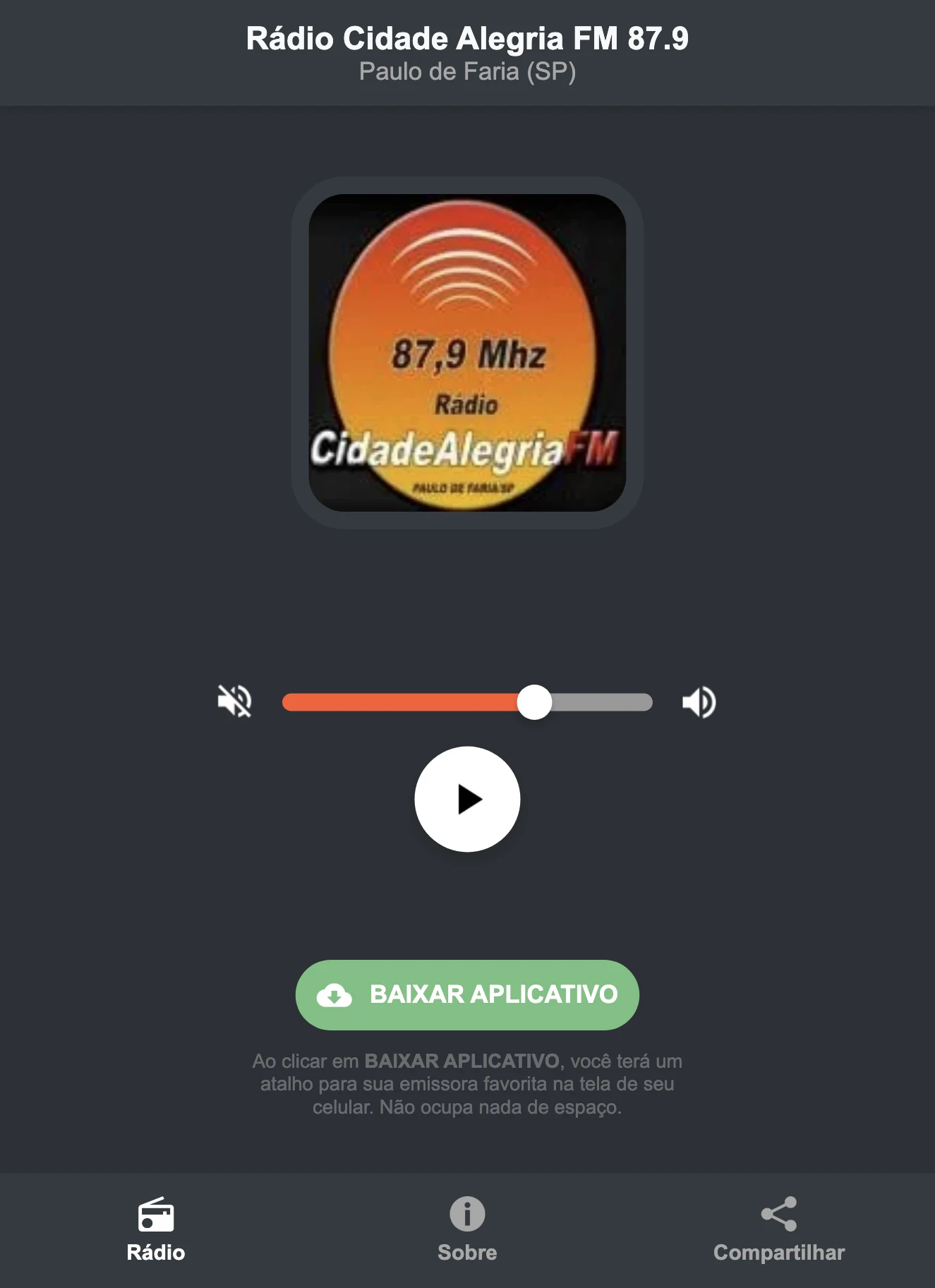 Screenshot do aplicativo da Rádio Cidade Alegria FM 87.9