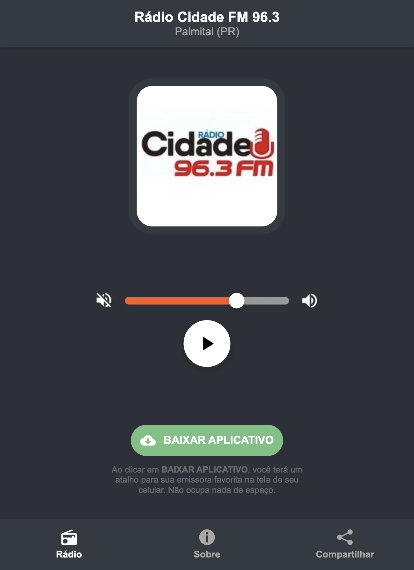Screenshot do aplicativo da Rádio Cidade FM 96.3
