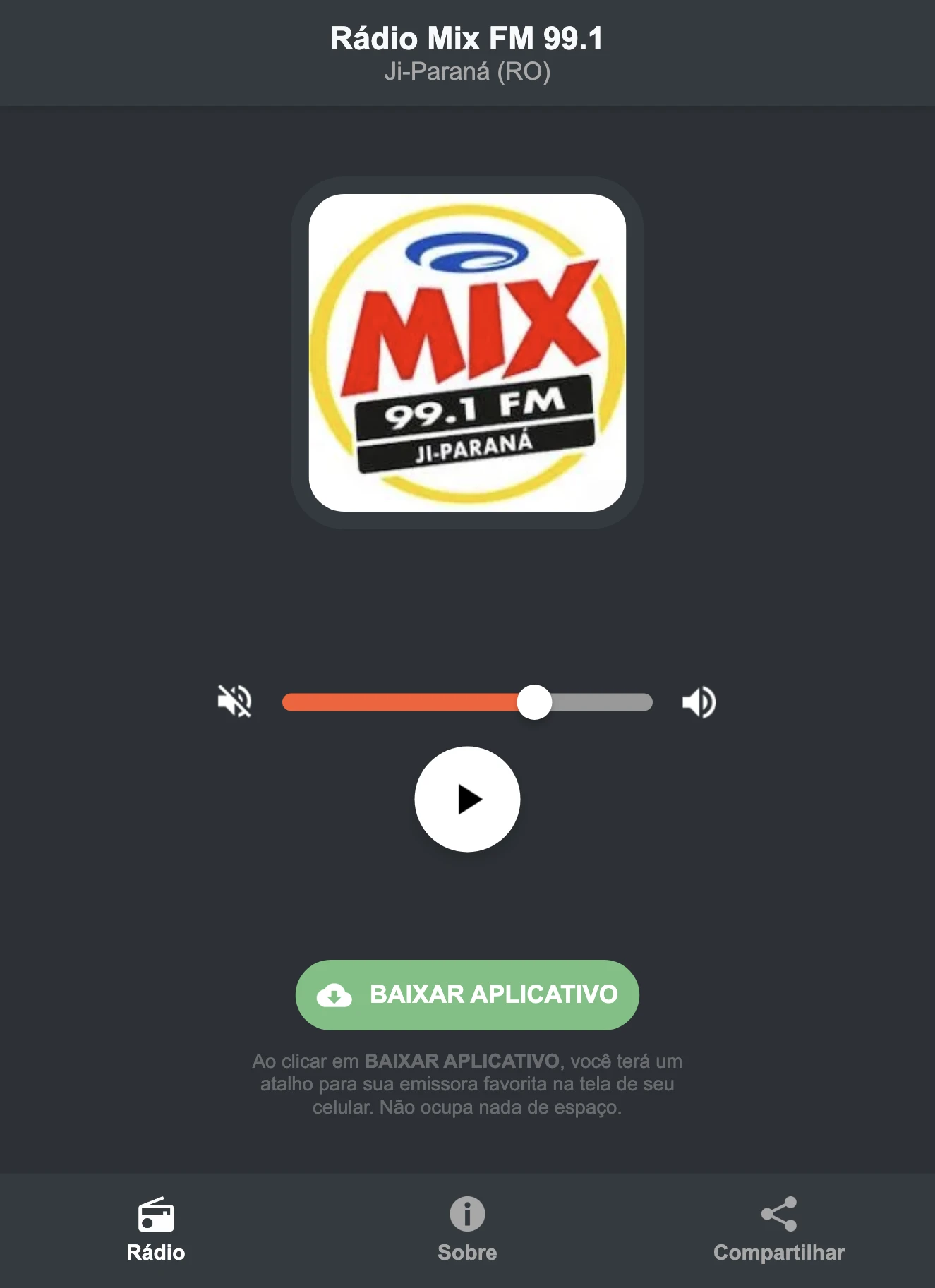 Screenshot do aplicativo da Rádio Mix FM 99.1