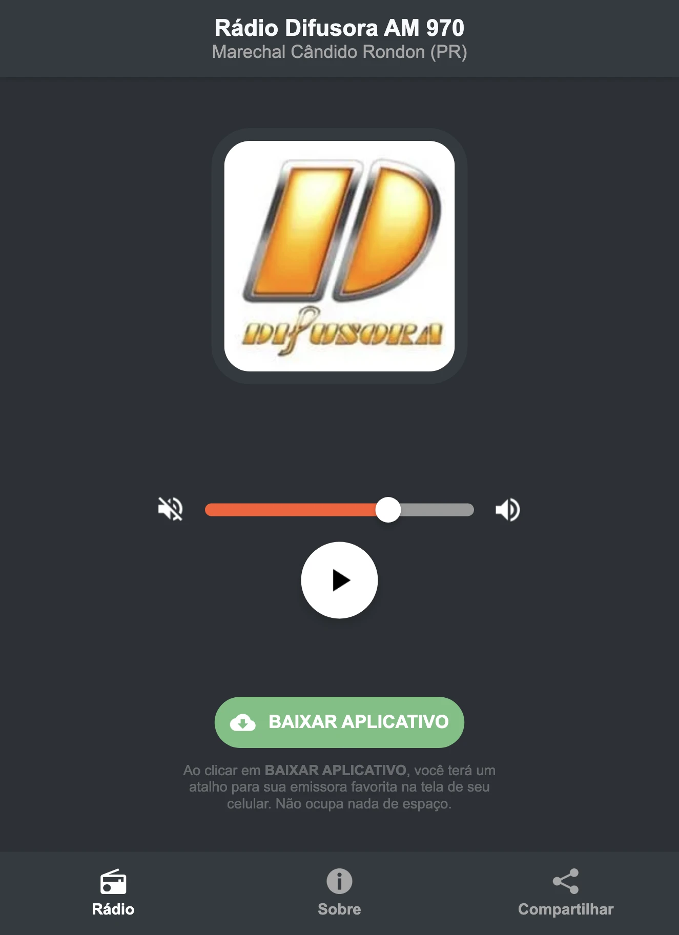Screenshot do aplicativo da Rádio Difusora AM 970