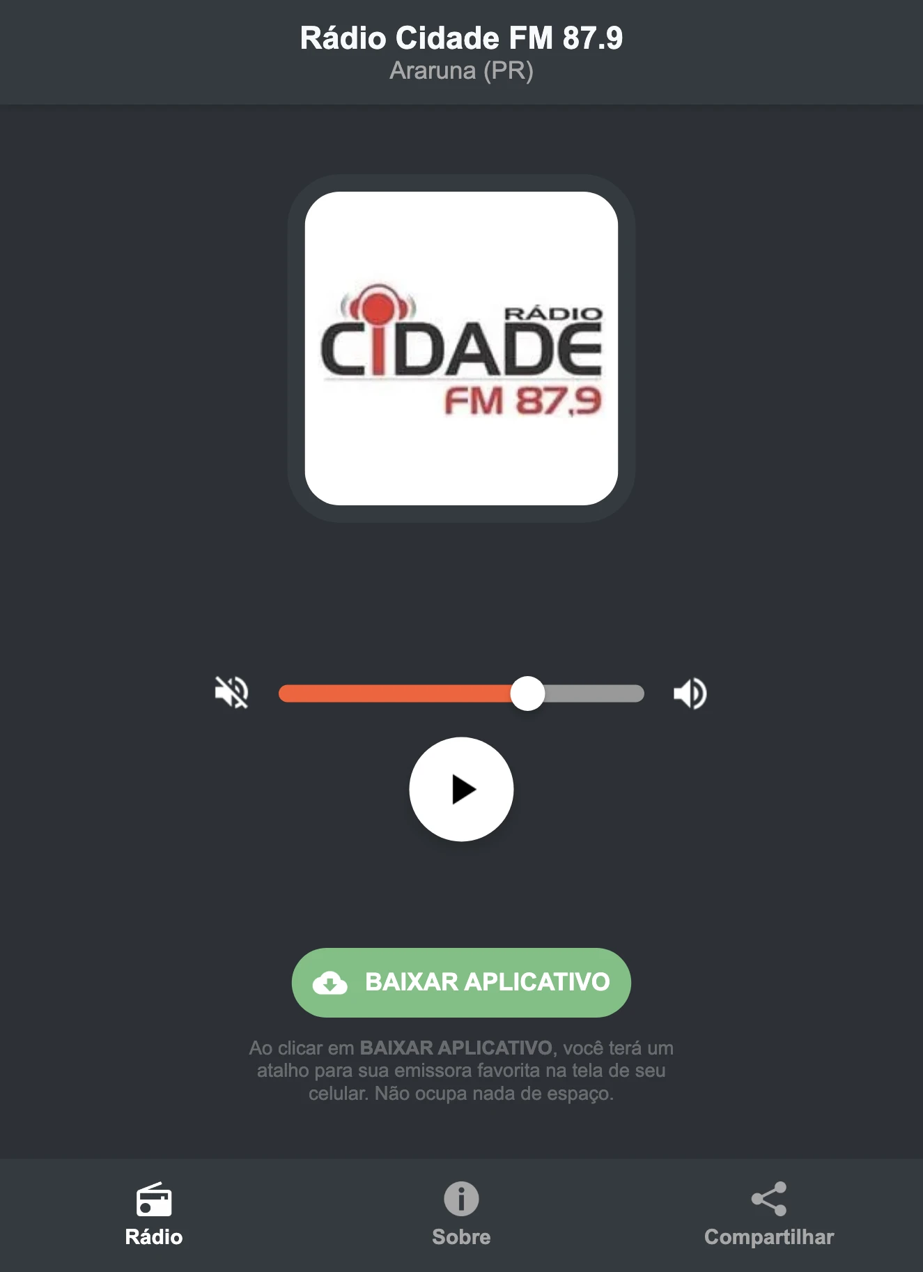 Screenshot do aplicativo da Rádio Cidade FM 87.9