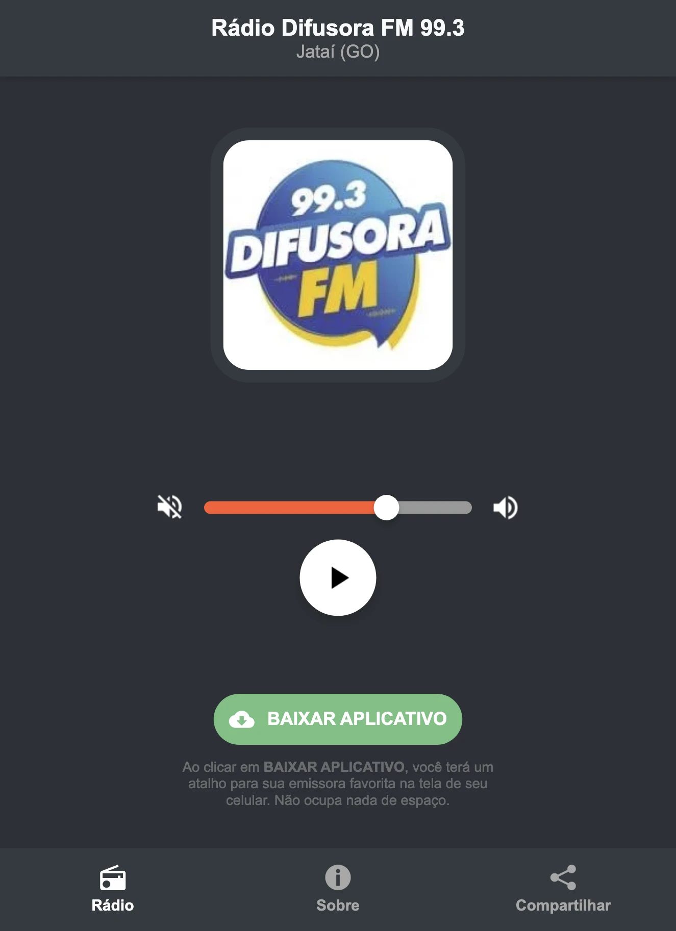 Screenshot do aplicativo da Rádio Difusora FM 99.3
