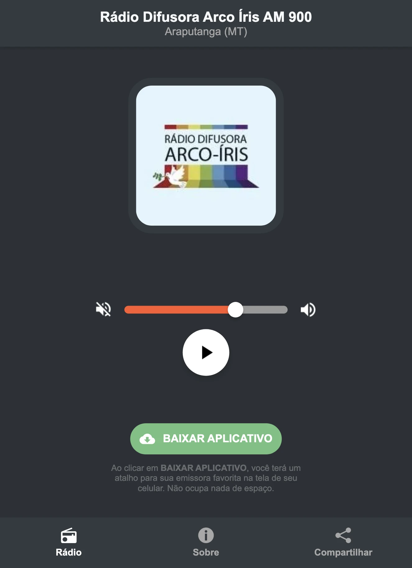 Screenshot do aplicativo da Rádio Difusora Arco Íris AM 900