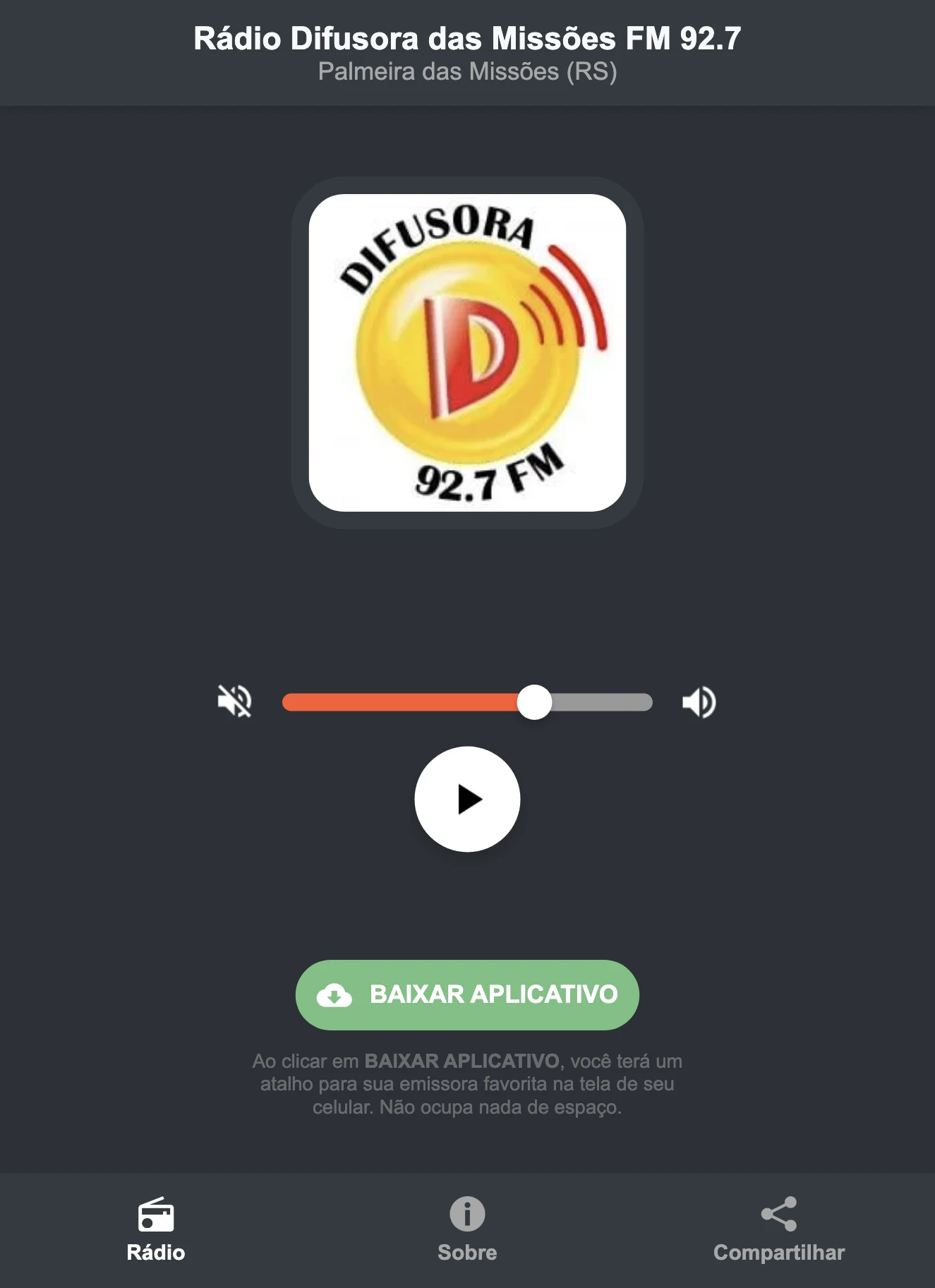 Screenshot do aplicativo da Rádio Difusora das Missões FM 92.7