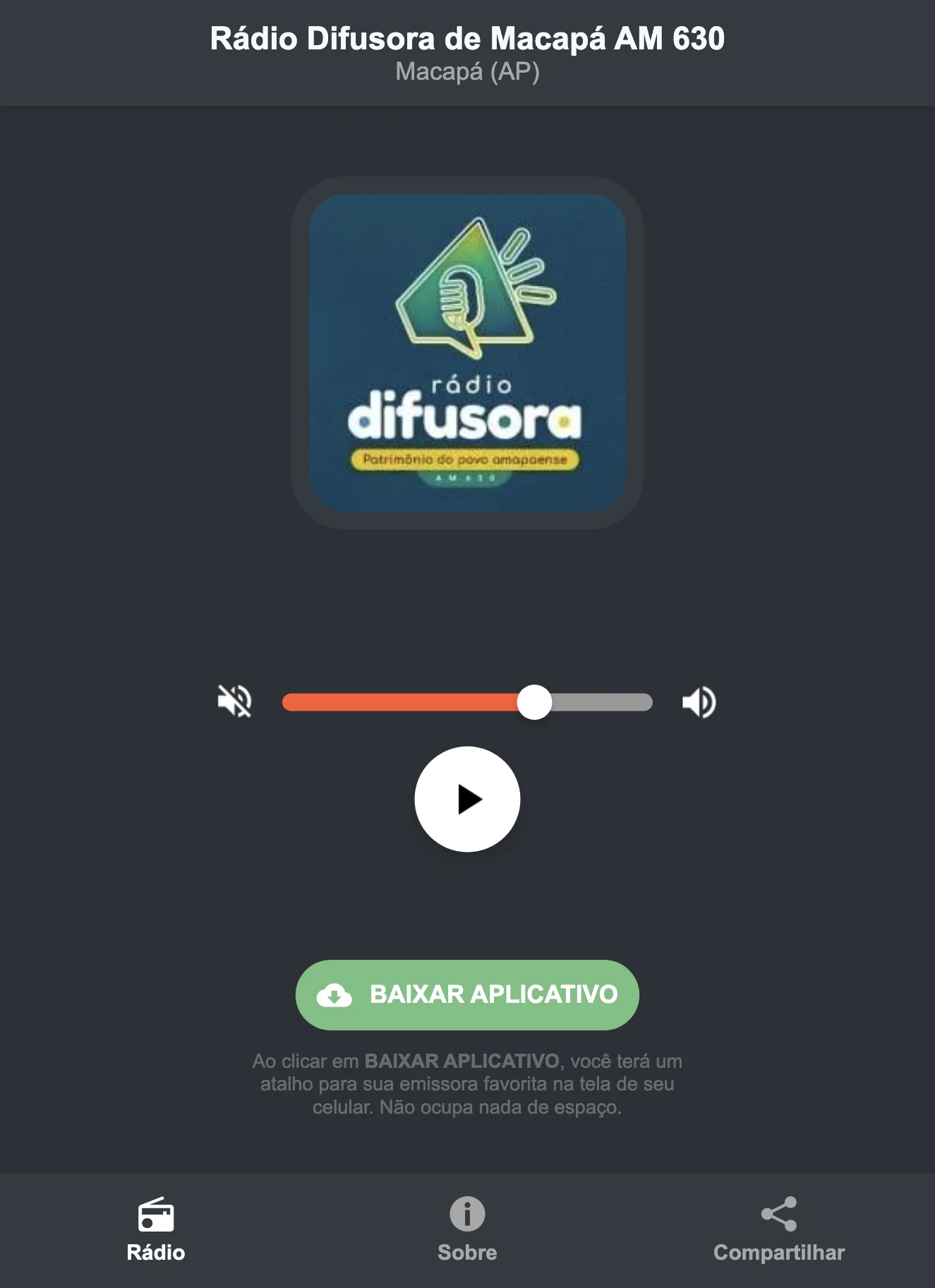 Screenshot do aplicativo da Rádio Difusora de Macapá AM 630