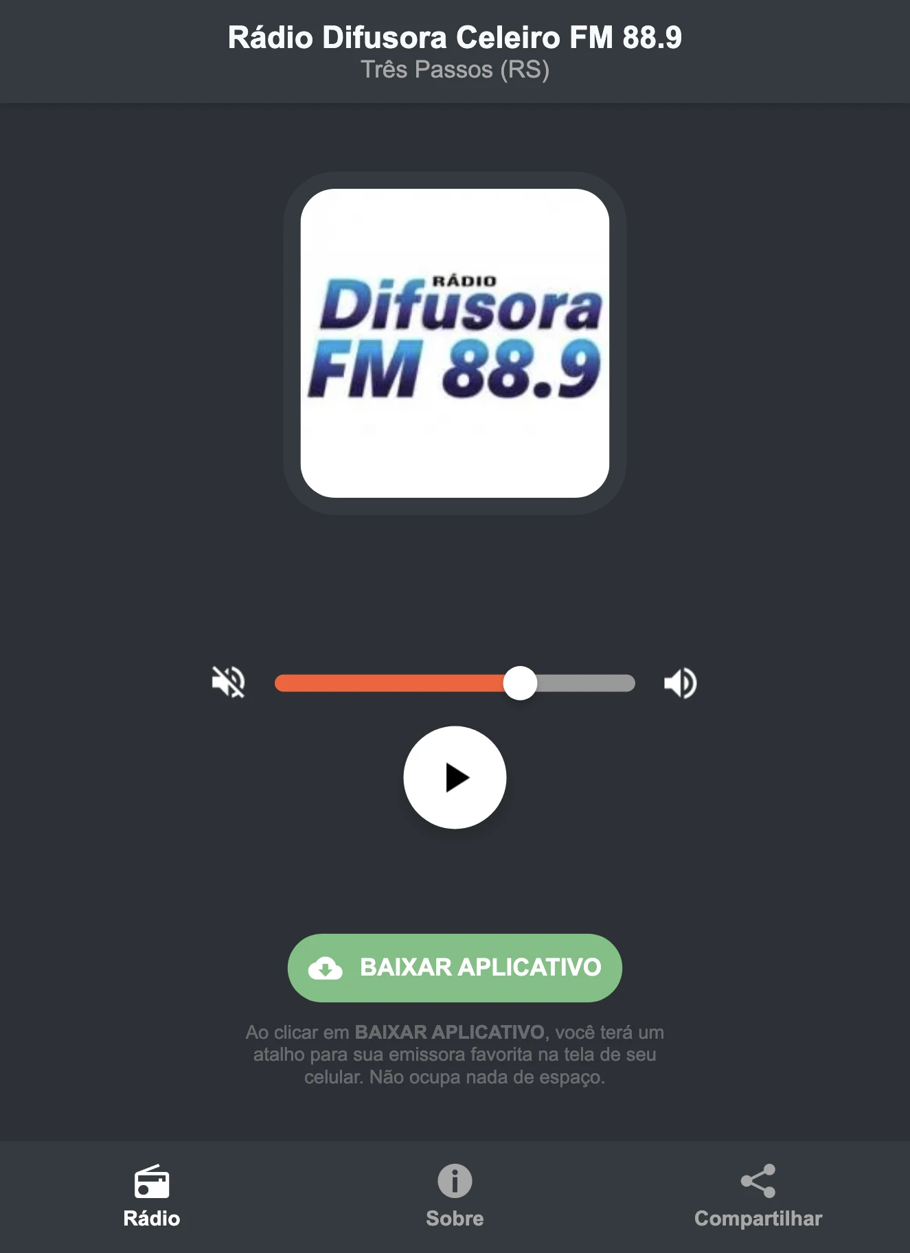 Screenshot do aplicativo da Rádio Difusora Celeiro FM 88.9