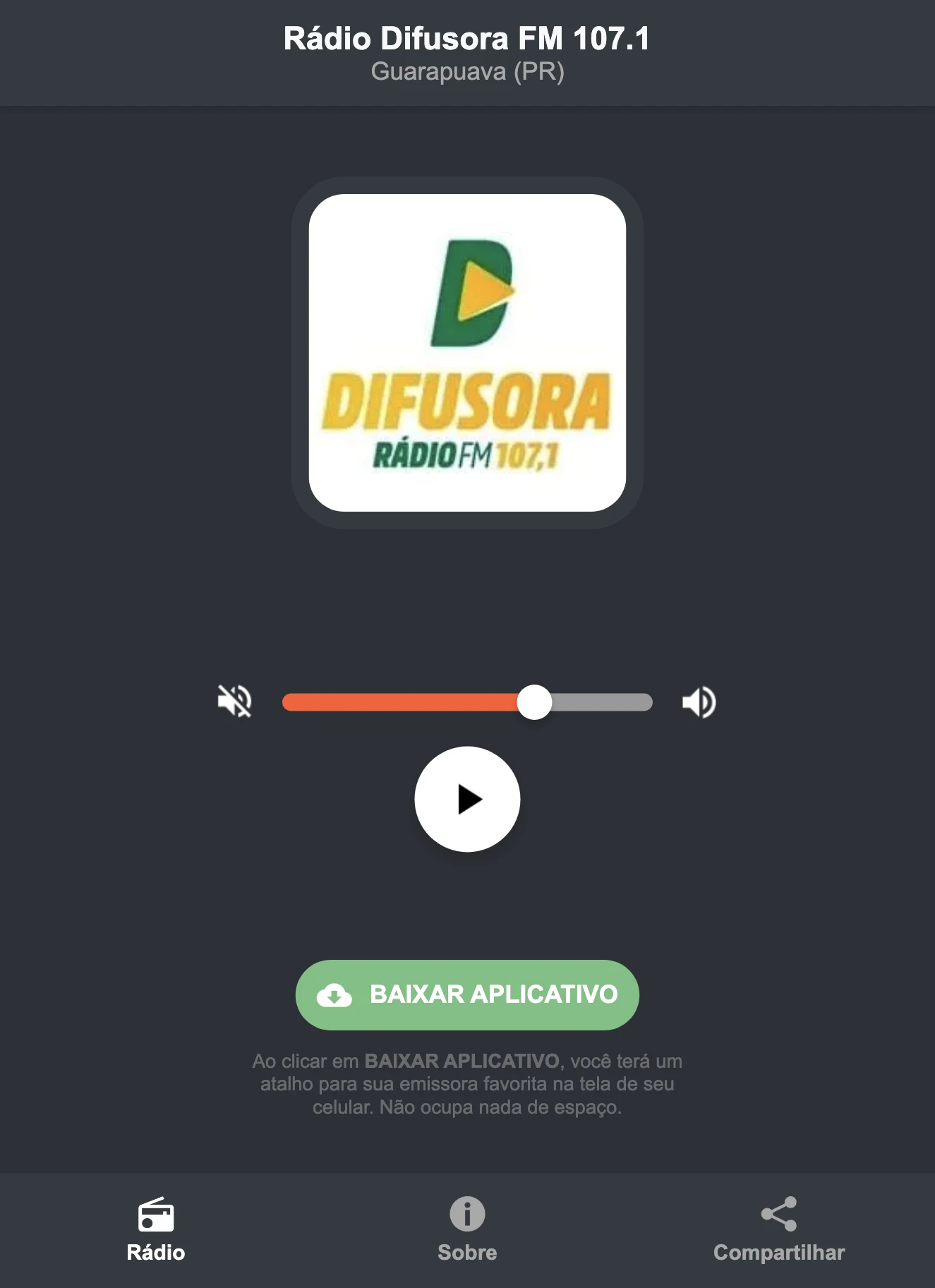 Screenshot do aplicativo da Rádio Difusora FM 107.1