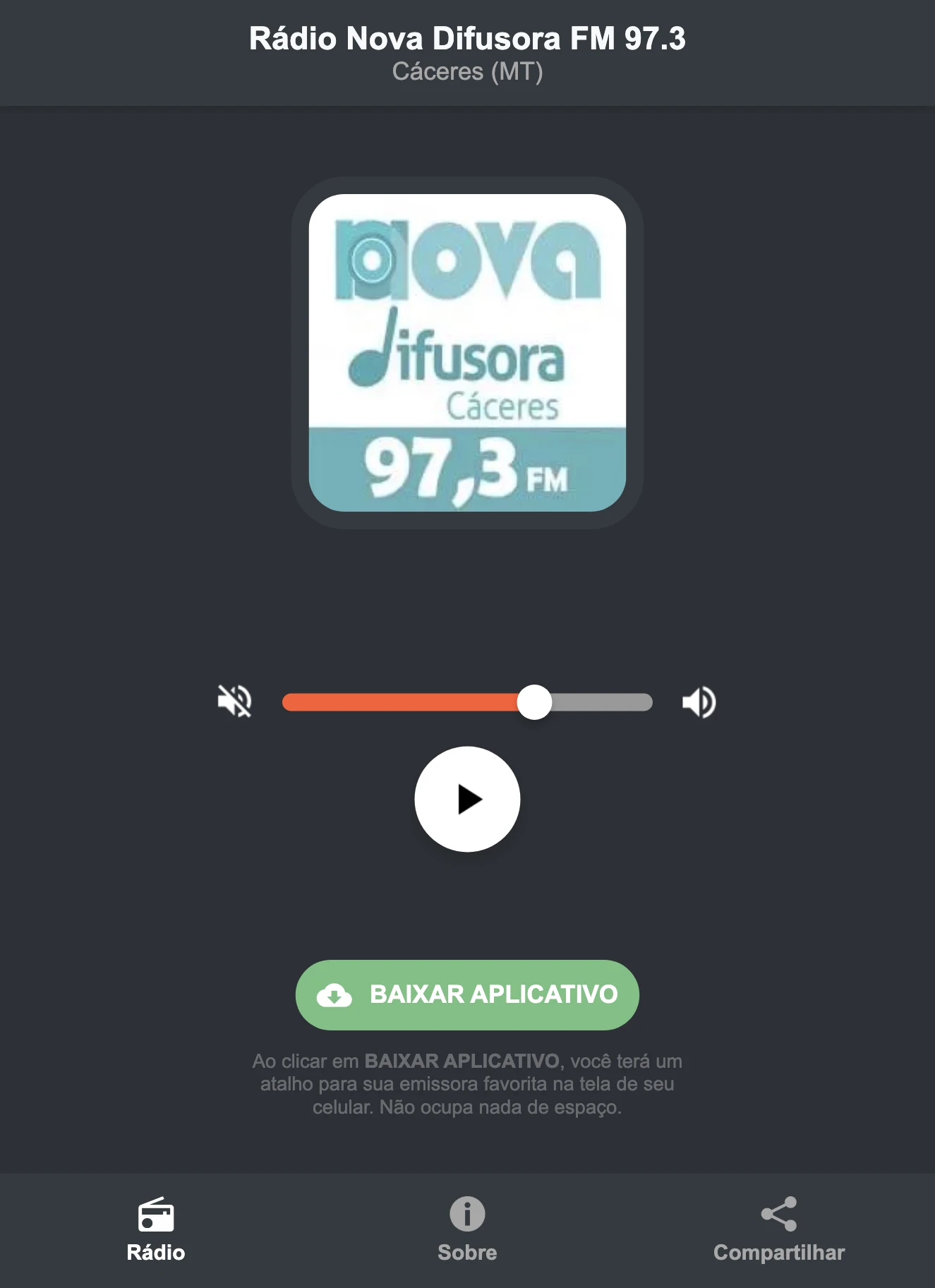 Screenshot do aplicativo da Rádio Nova Difusora FM 97.3