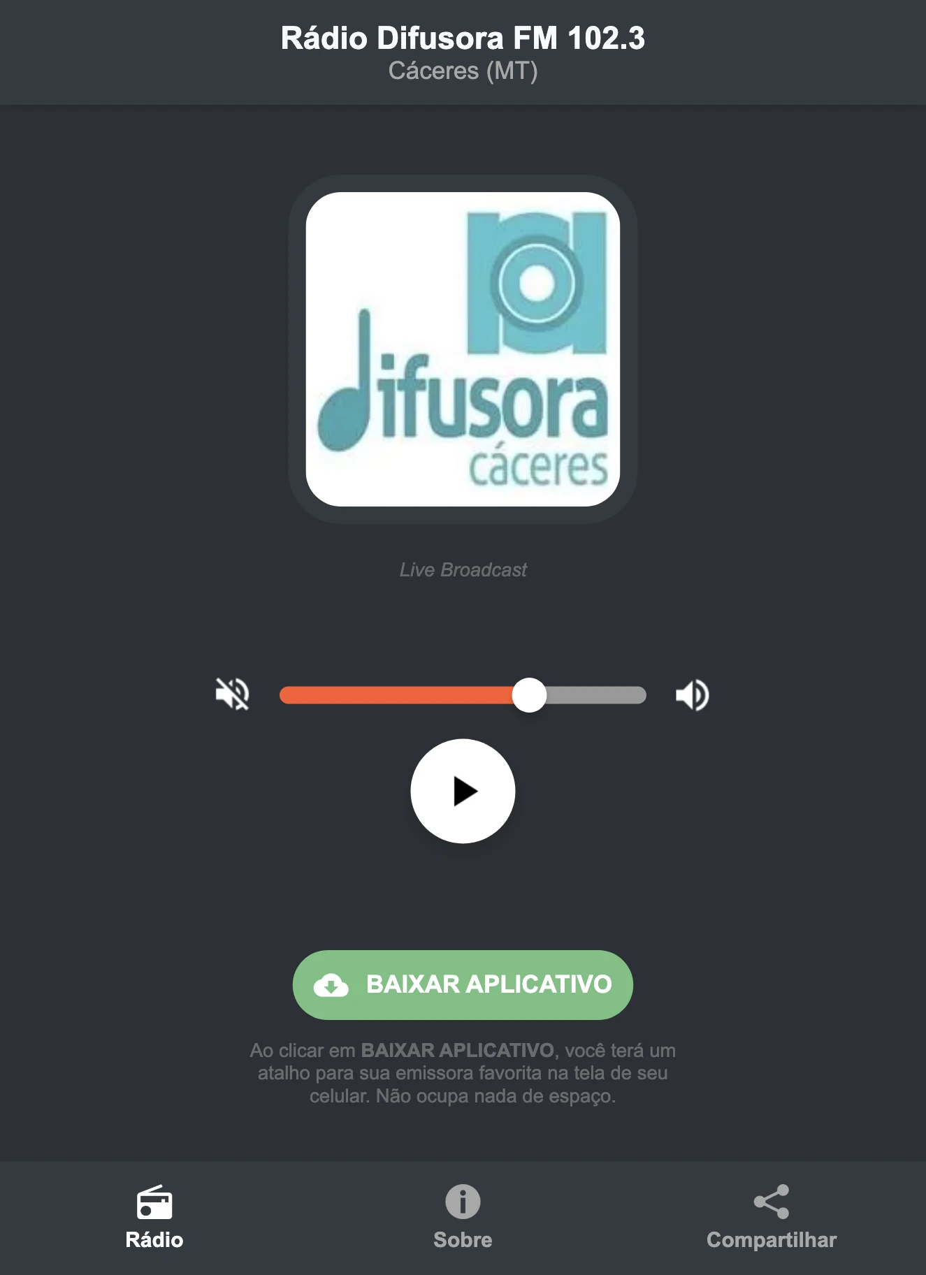 Screenshot do aplicativo da Rádio Difusora FM 102.3