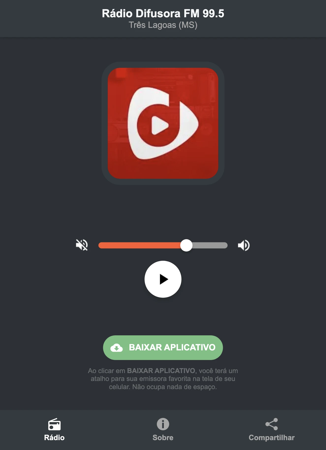 Screenshot do aplicativo da Rádio Difusora FM 99.5