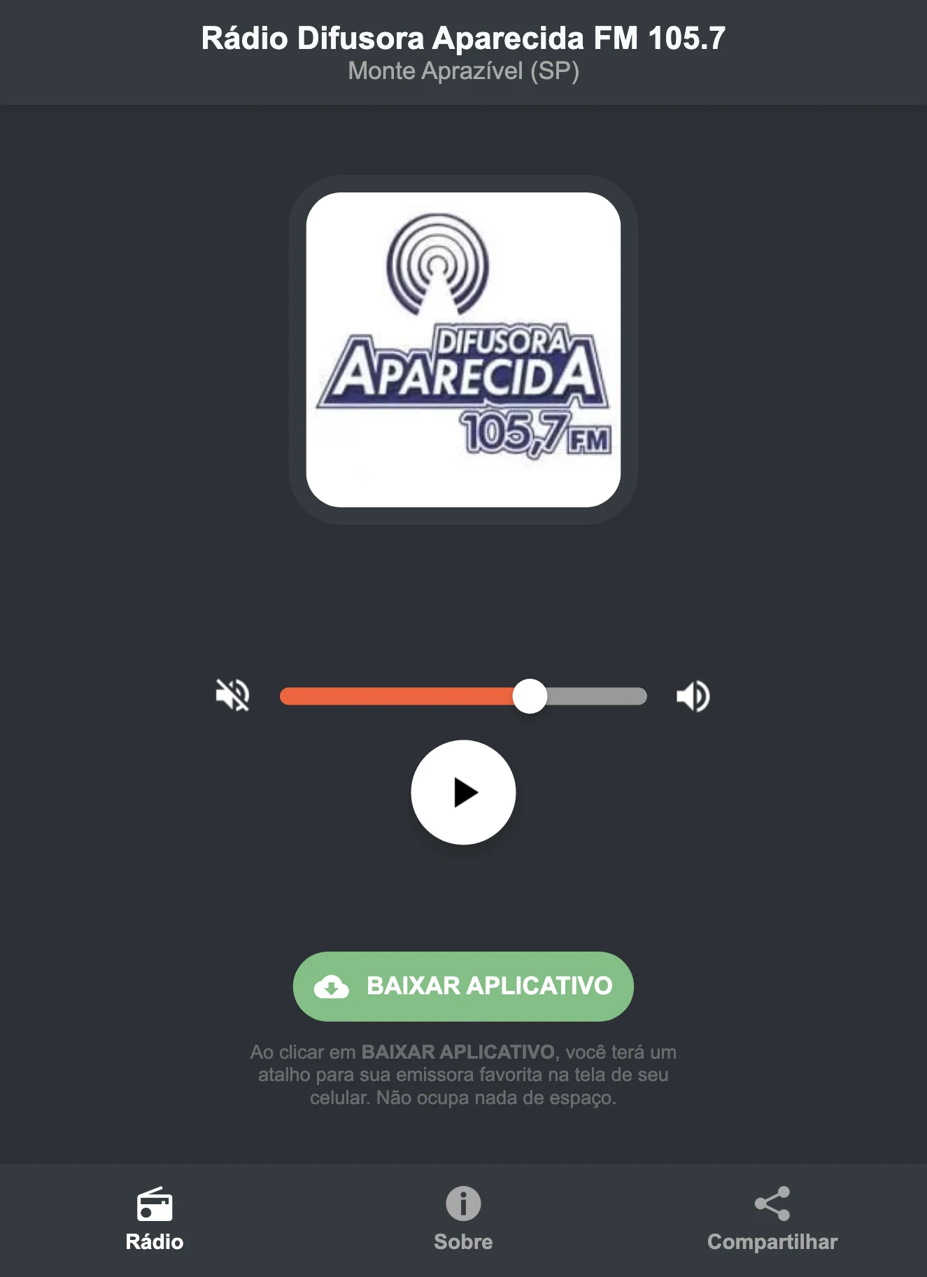 Screenshot do aplicativo da Rádio Difusora Aparecida FM 105.7