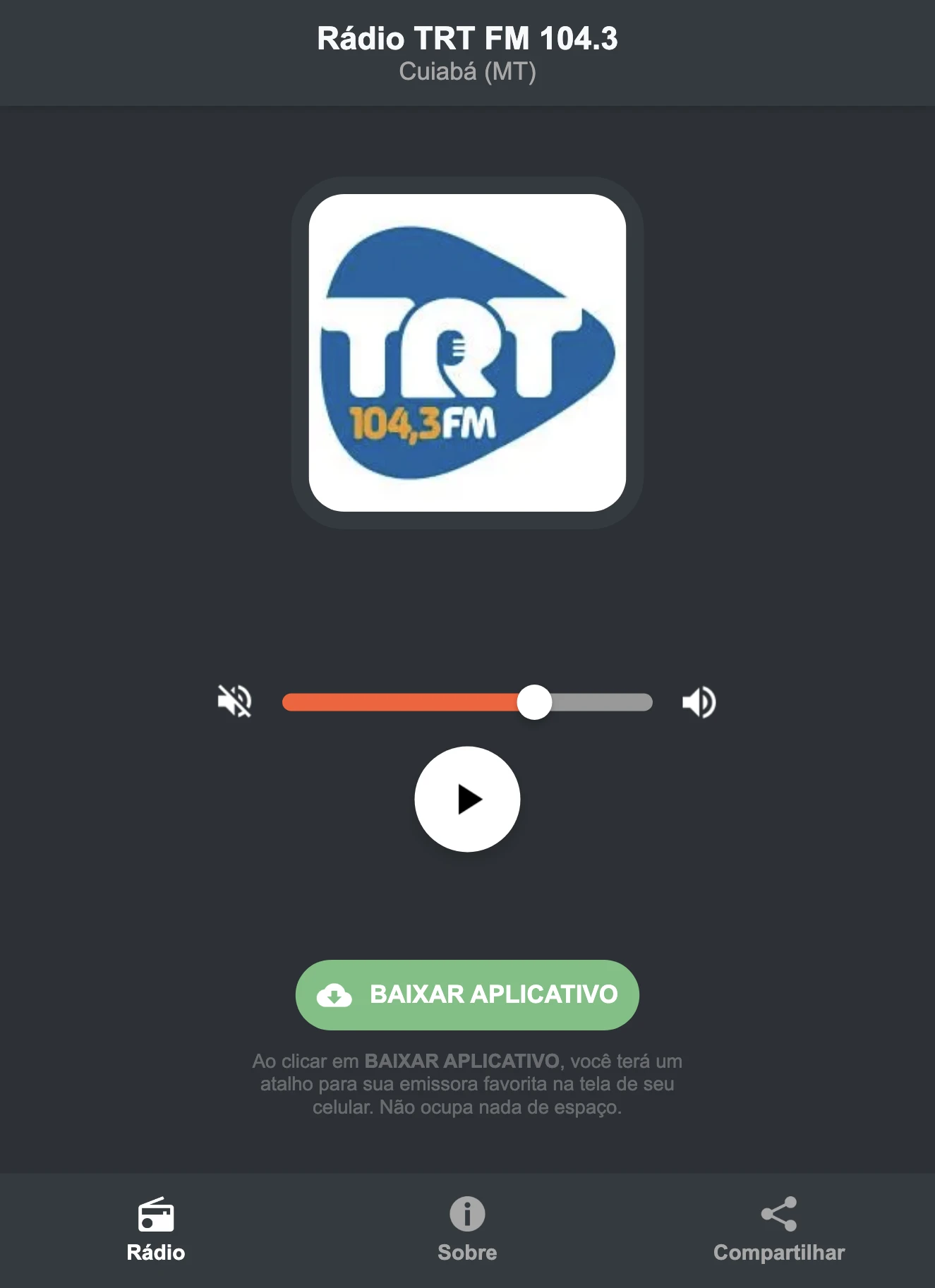Screenshot do aplicativo da Rádio TRT FM 104.3