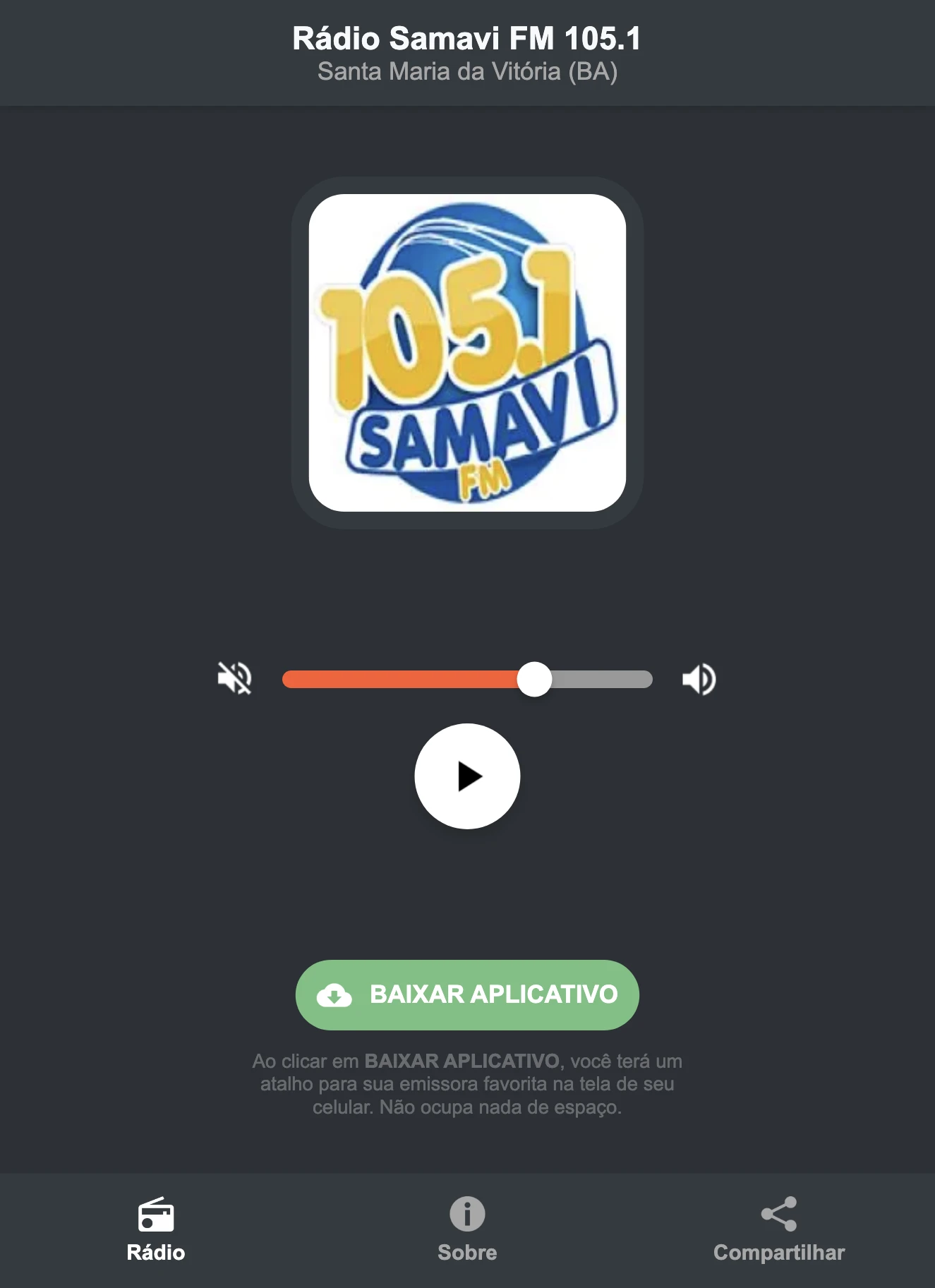 Screenshot do aplicativo da Rádio Samavi FM 105.1