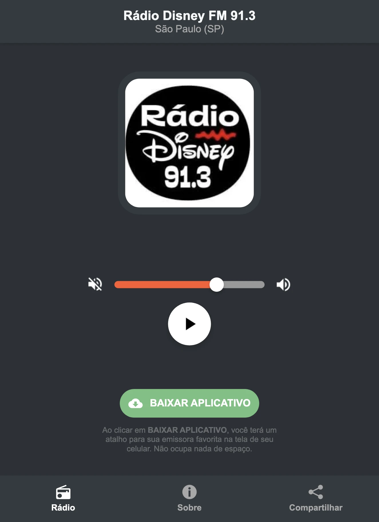 Screenshot do aplicativo da Rádio Disney FM 91.3