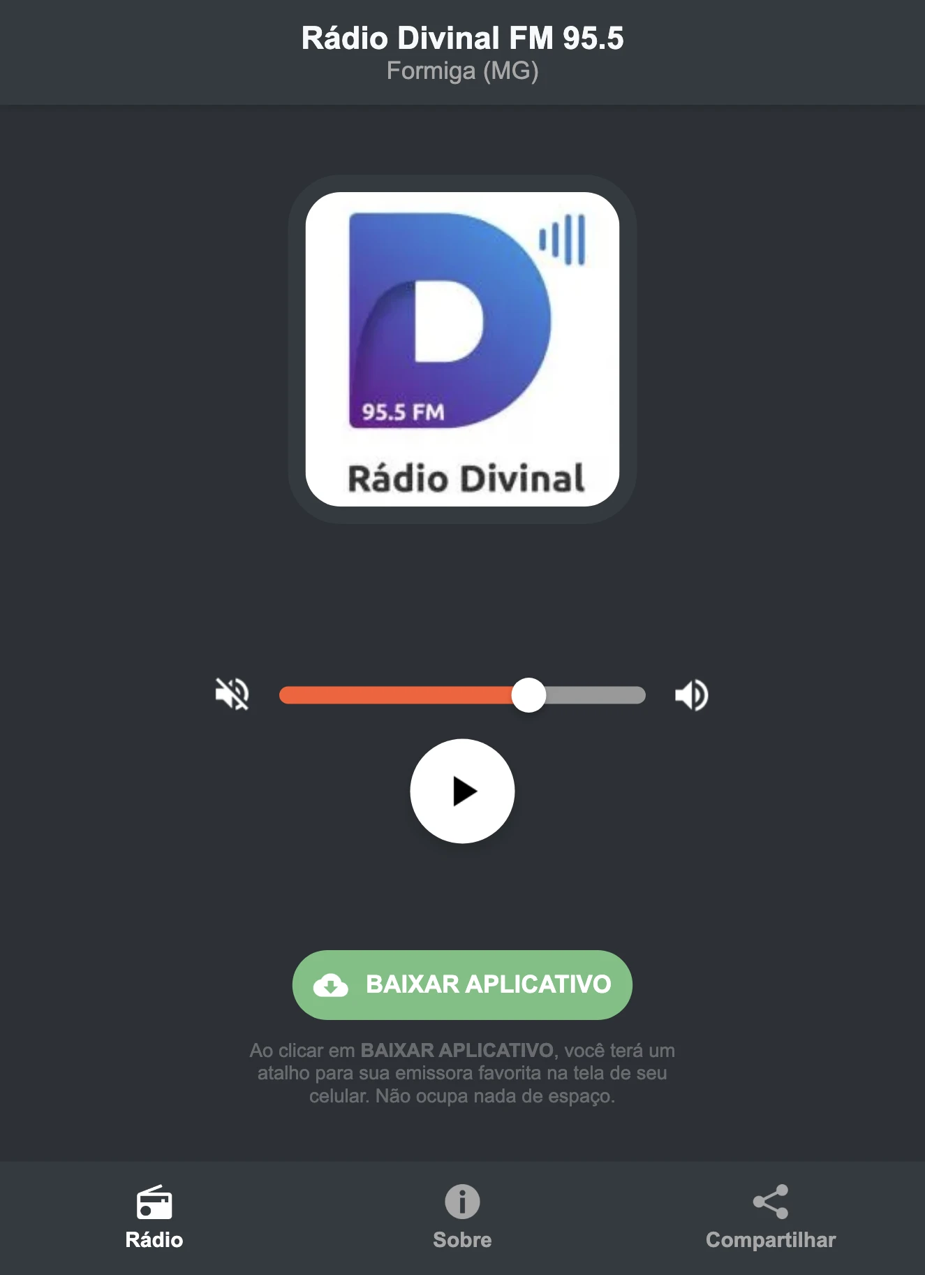 Screenshot do aplicativo da Rádio Divinal FM 95.5