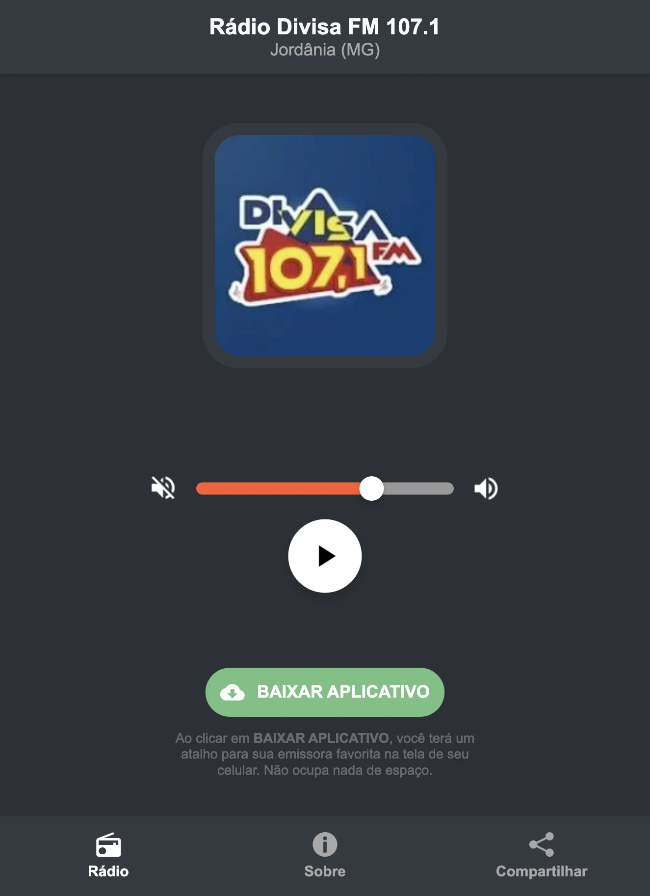 Screenshot do aplicativo da Rádio Divisa FM 107.1