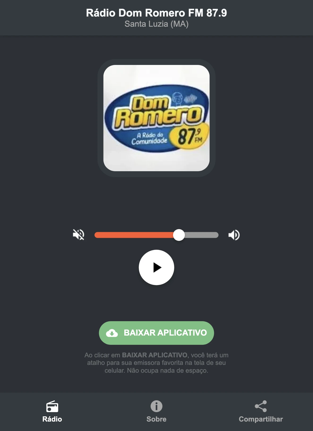 Screenshot do aplicativo da Rádio Dom Romero FM 87.9