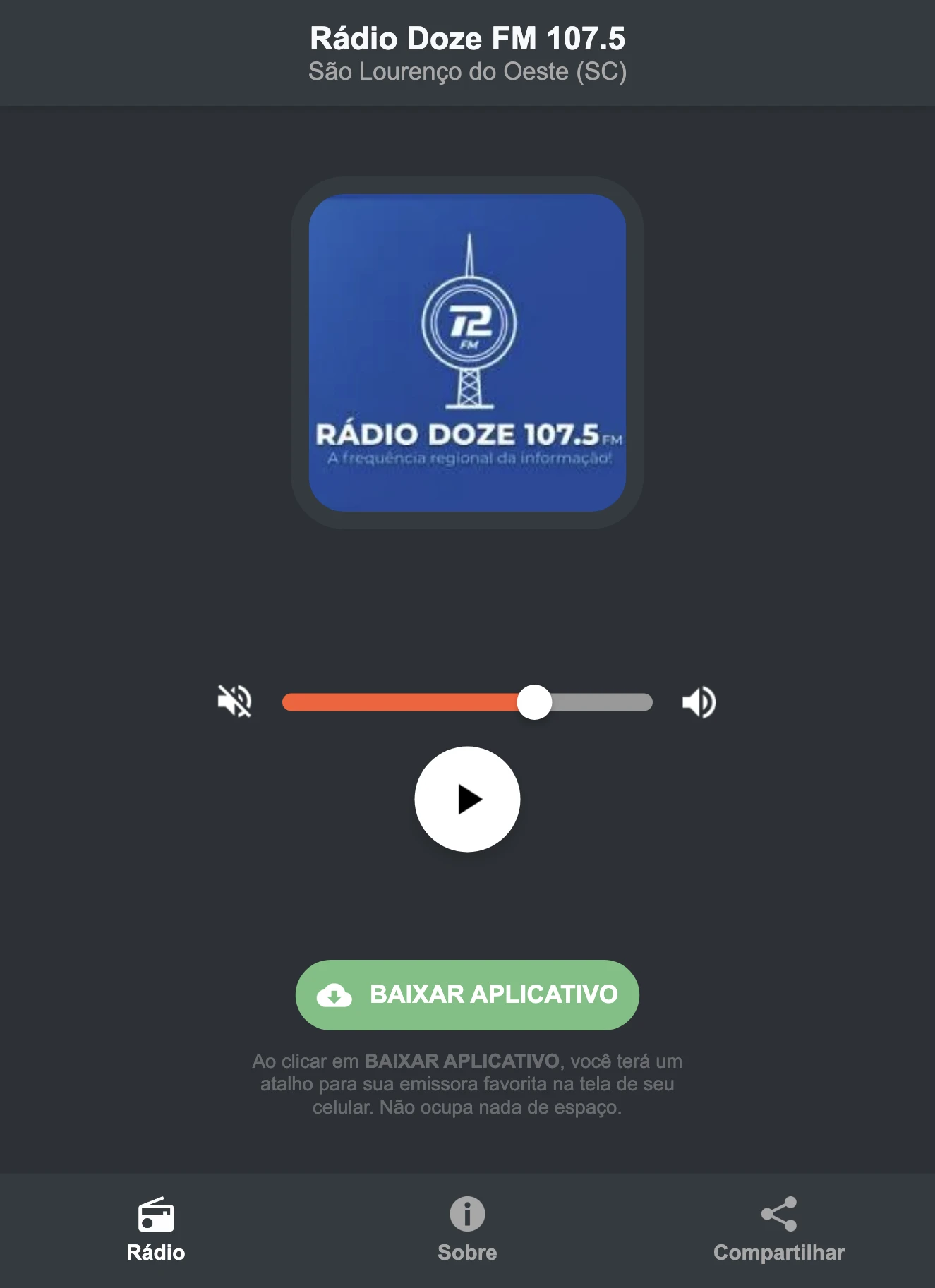 Screenshot do aplicativo da Rádio Doze FM 107.5