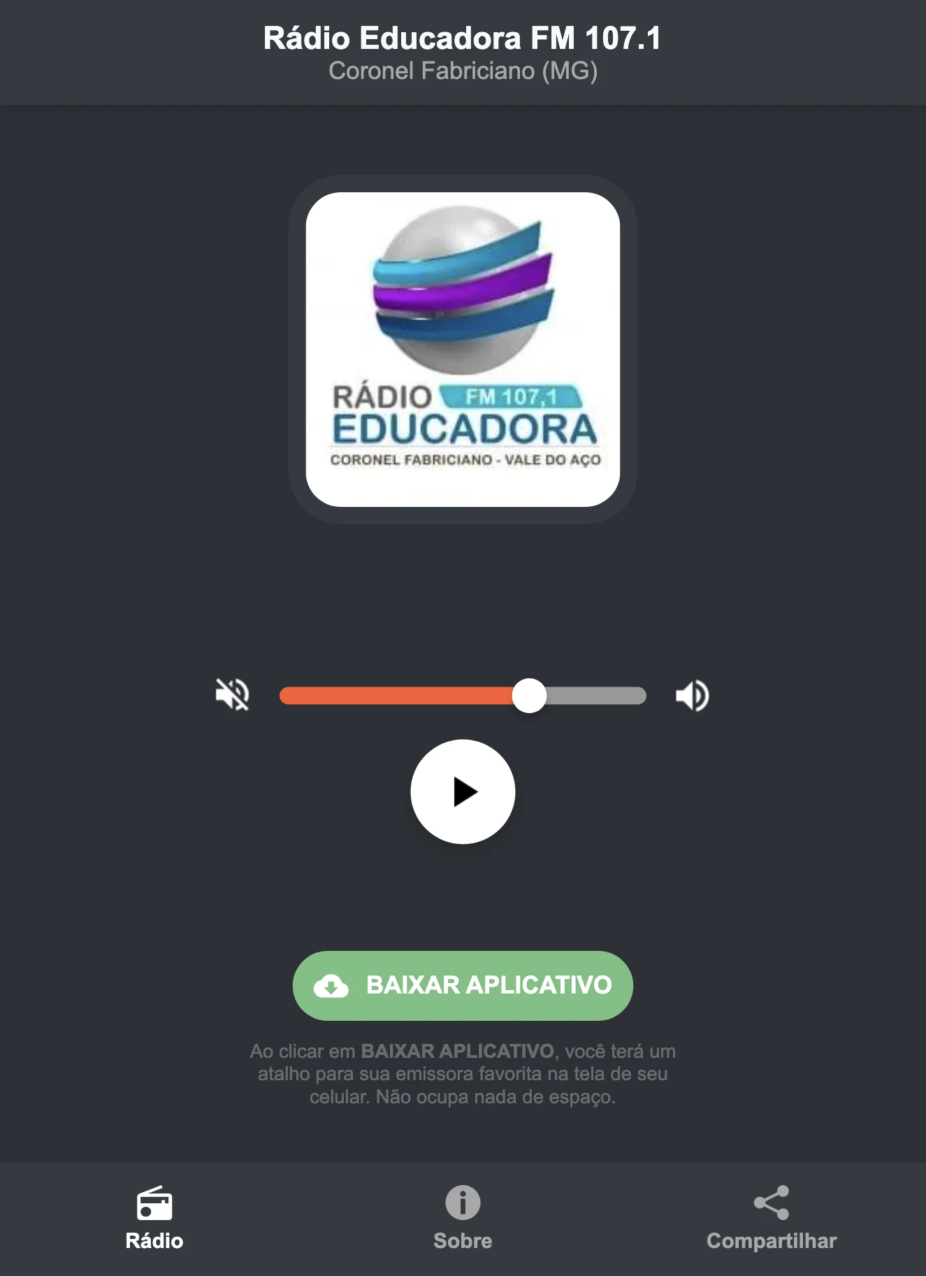 Screenshot do aplicativo da Rádio Educadora FM 107.1