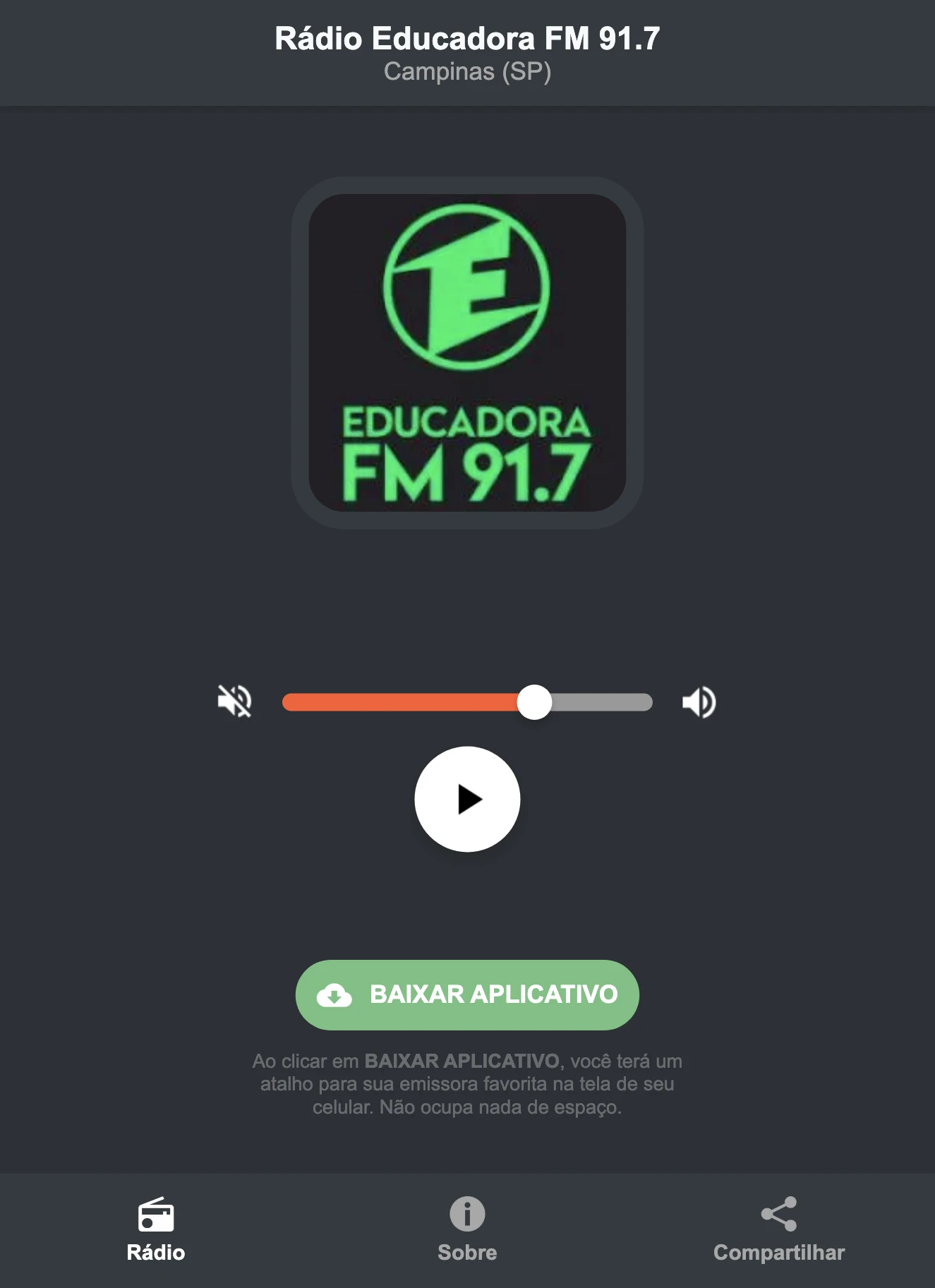 Screenshot do aplicativo da Rádio Educadora FM 91.7